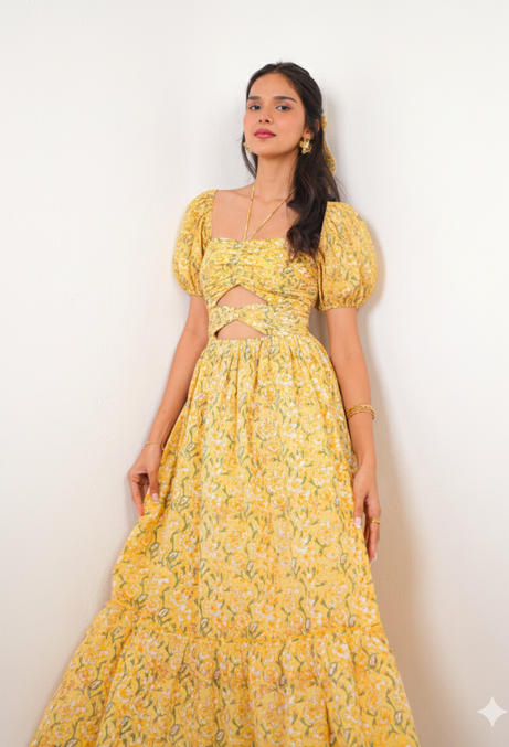 Bright Yellow Floral Print Maxi Dress with Front Cut-Outs Spring Summer - 25