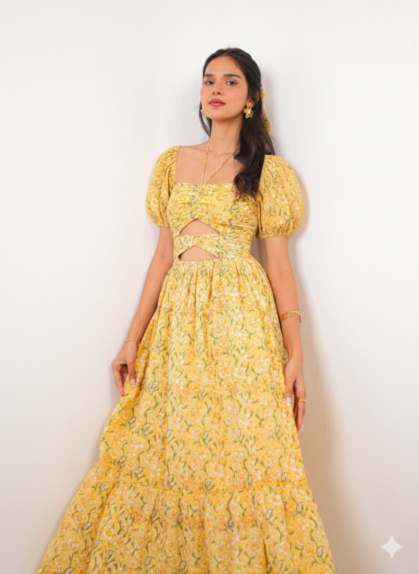 Bright Yellow Floral Print Maxi Dress with Front Cut-Outs Spring Summer - 25