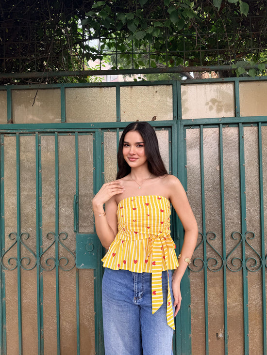 Yellow, Red & White Heart Stripe Cotton Tube Top with Bow Tie-Up & Smocking