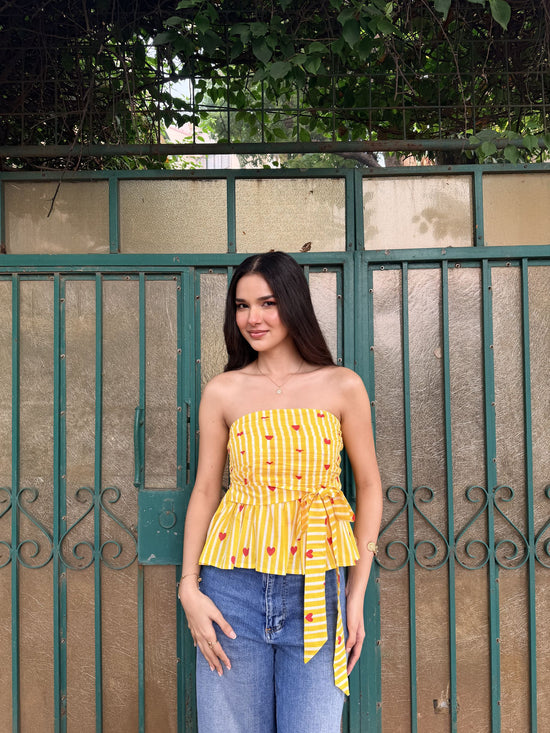 Yellow, Red & White Heart Stripe Cotton Tube Top with Bow Tie-Up & Smocking