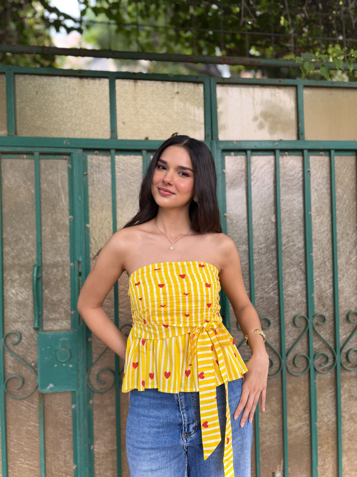 Yellow, Red & White Heart Stripe Cotton Tube Top with Bow Tie-Up & Smocking