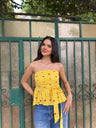 Yellow, Red & White Heart Stripe Cotton Tube Top with Bow Tie-Up & Smocking