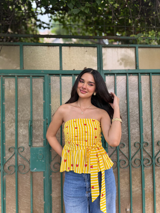 Yellow, Red & White Heart Stripe Cotton Tube Top with Bow Tie-Up & Smocking