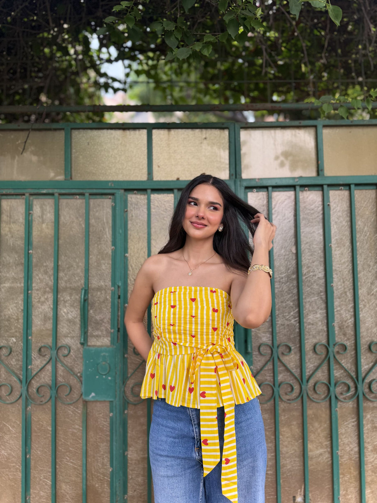 Yellow, Red & White Heart Stripe Cotton Tube Top with Bow Tie-Up & Smocking
