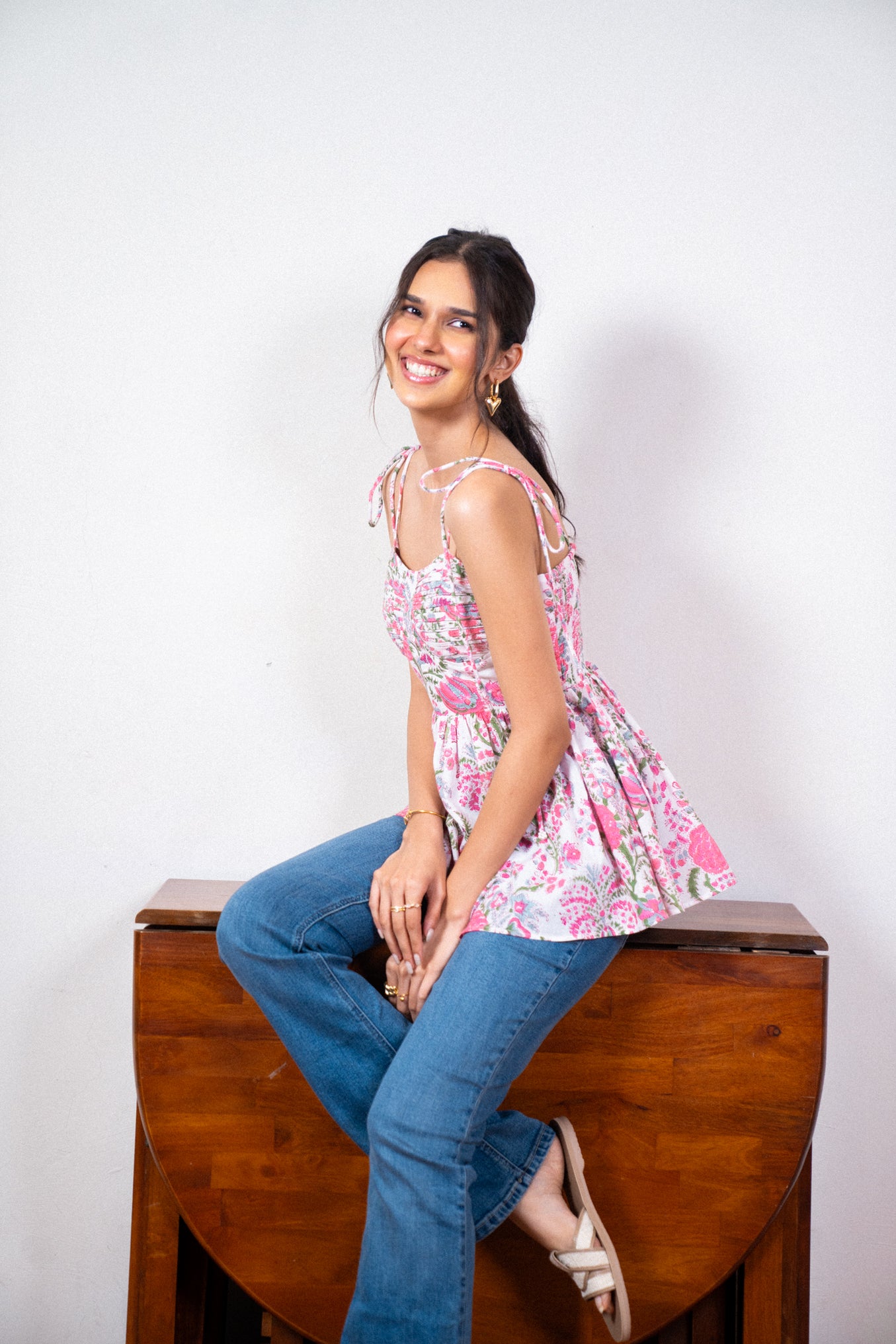 White and Pink Floral Hand-Block Printed Cotton Top
