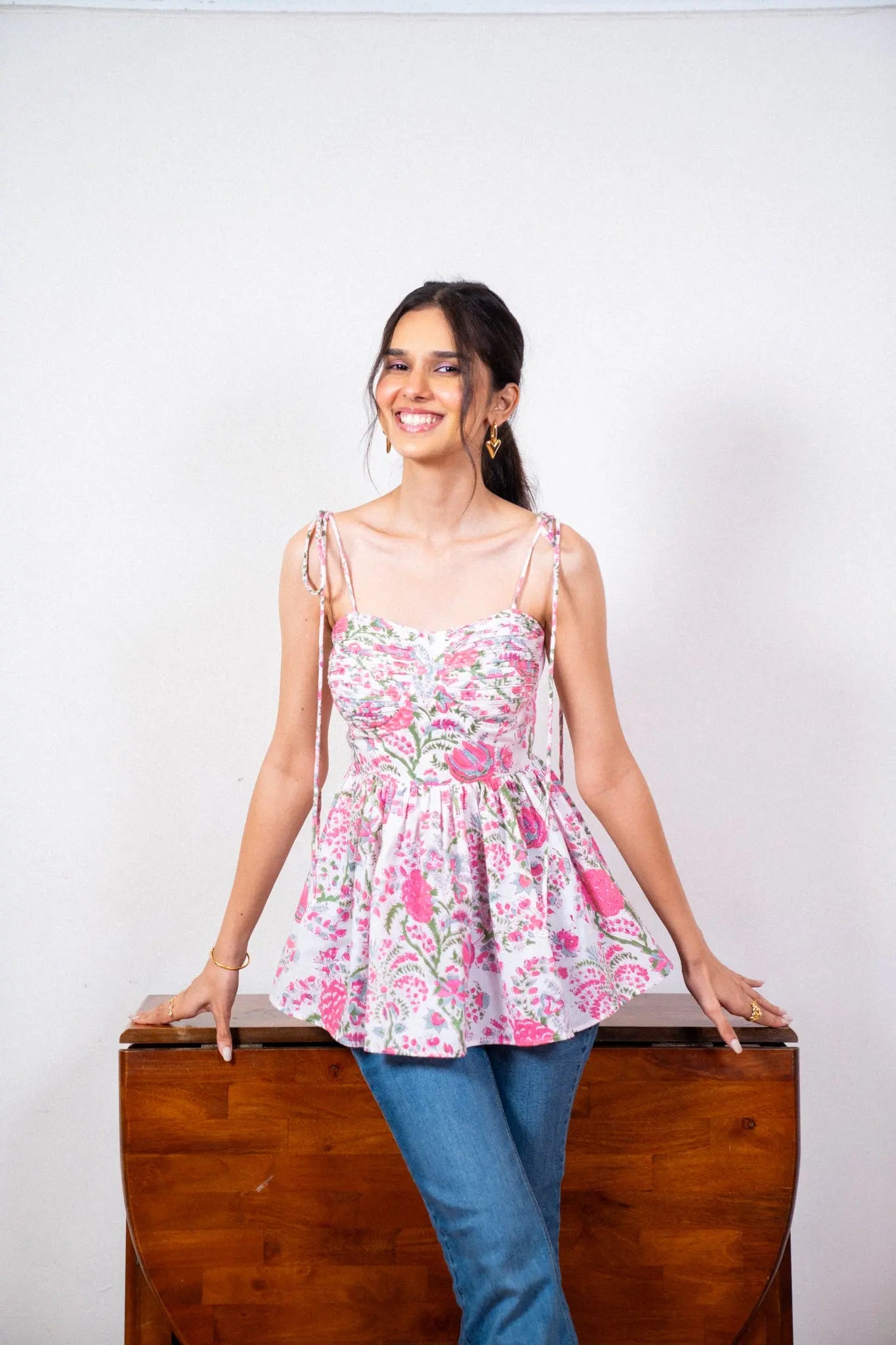 White and Pink Floral Hand-Block Printed Cotton Top with Back Smocking AMARAA