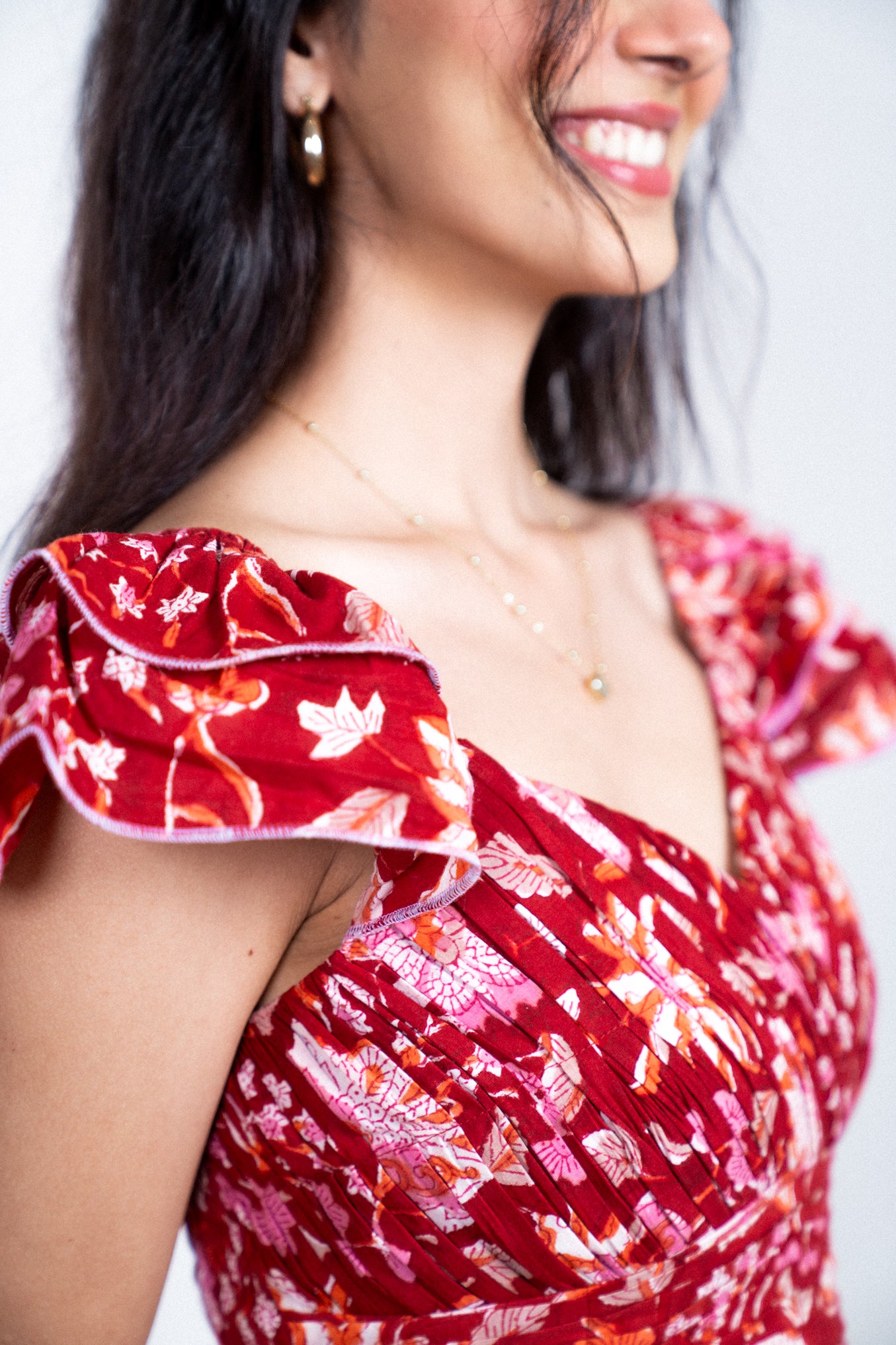 Red Hand Block Floral Printed Cotton Dress with Pocket