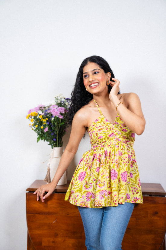 Yellow with Pink Floral Cotton Hand Printed Top AMARAA