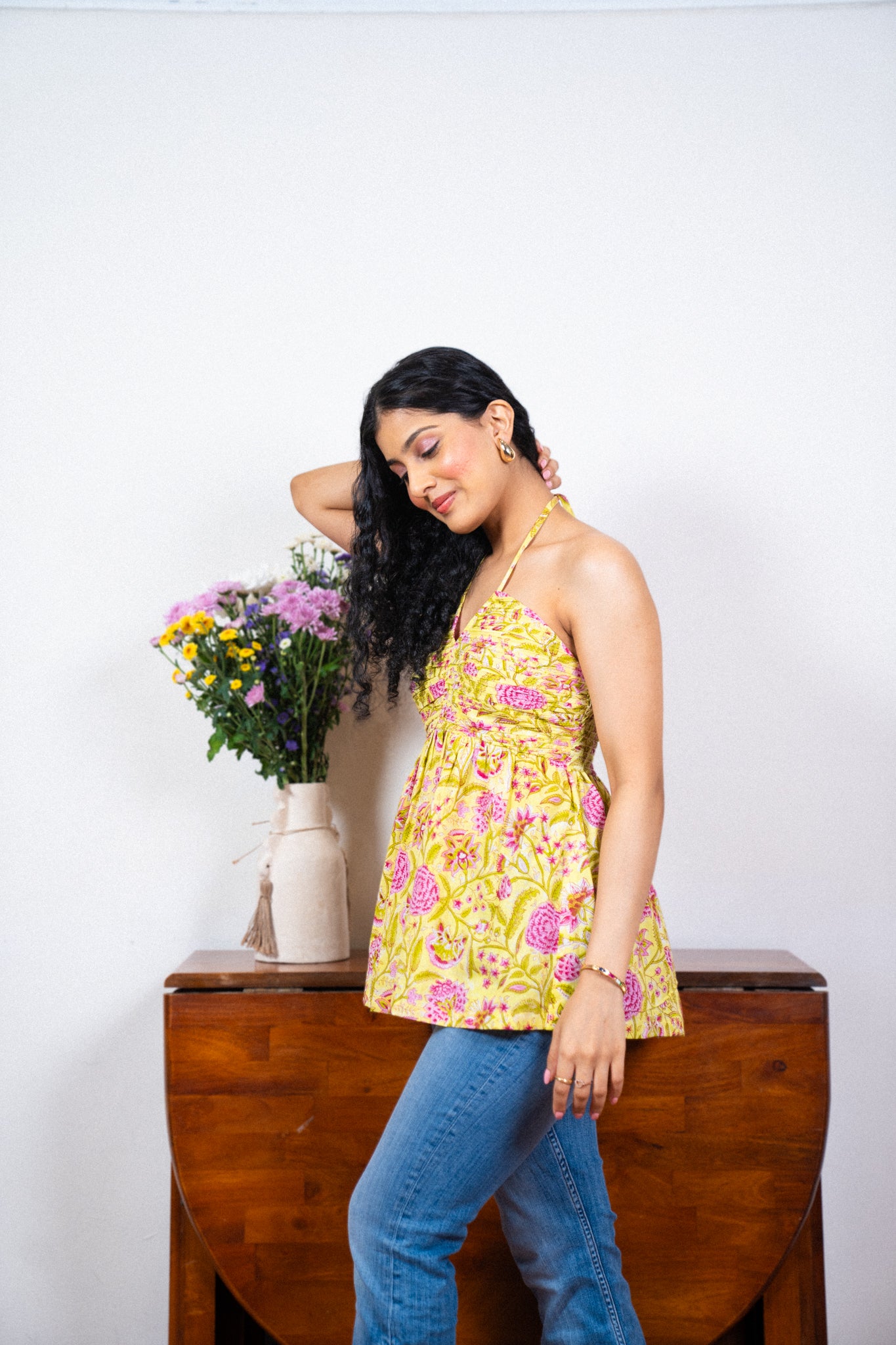 Yellow with Pink Floral Cotton Hand Printed Top