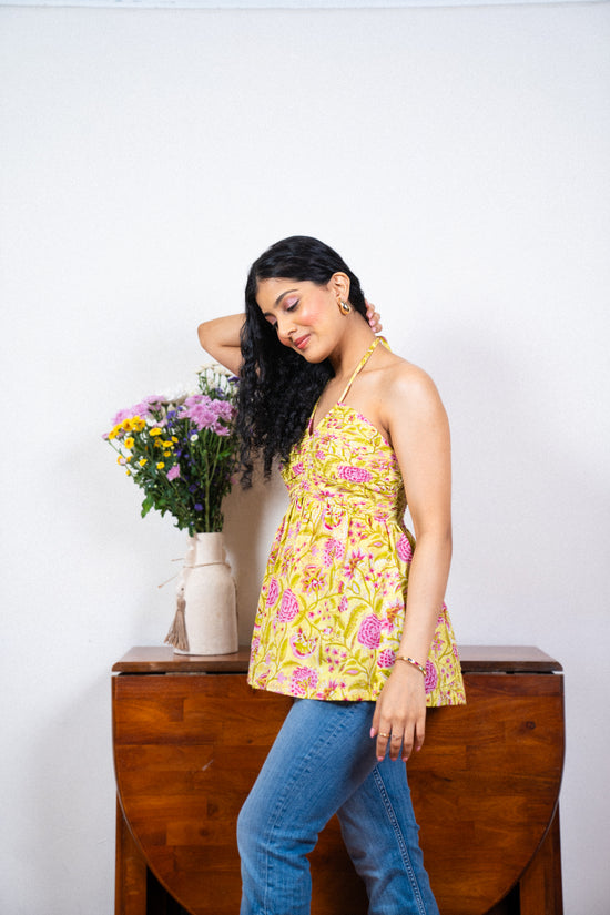 Yellow with Pink Floral Cotton Hand Printed Top AMARAA