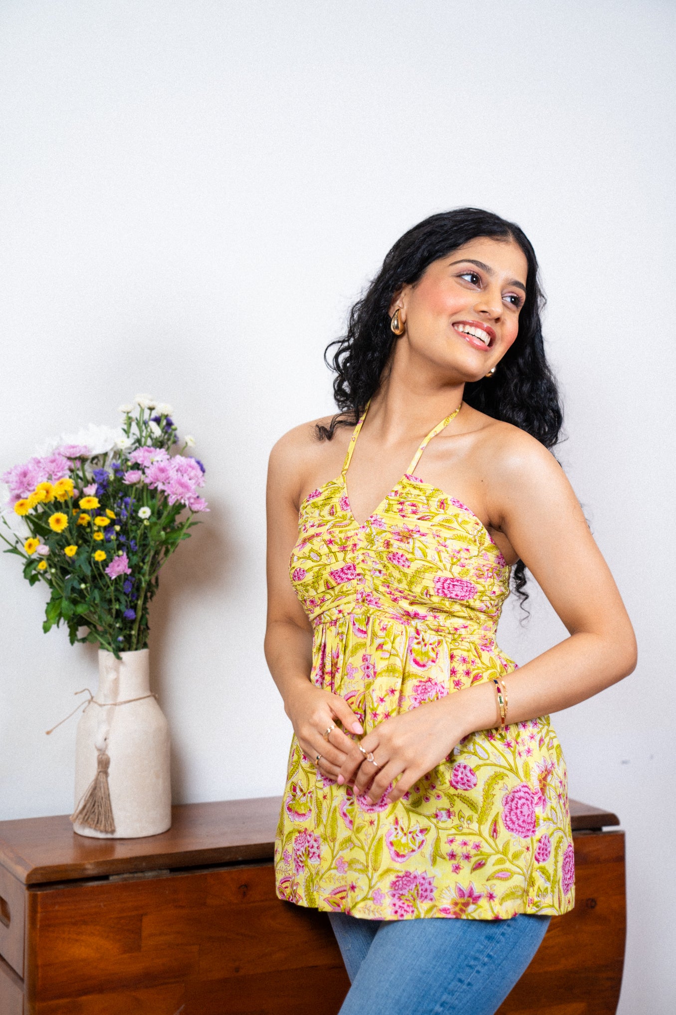 Yellow with Pink Floral Cotton Hand Printed Top