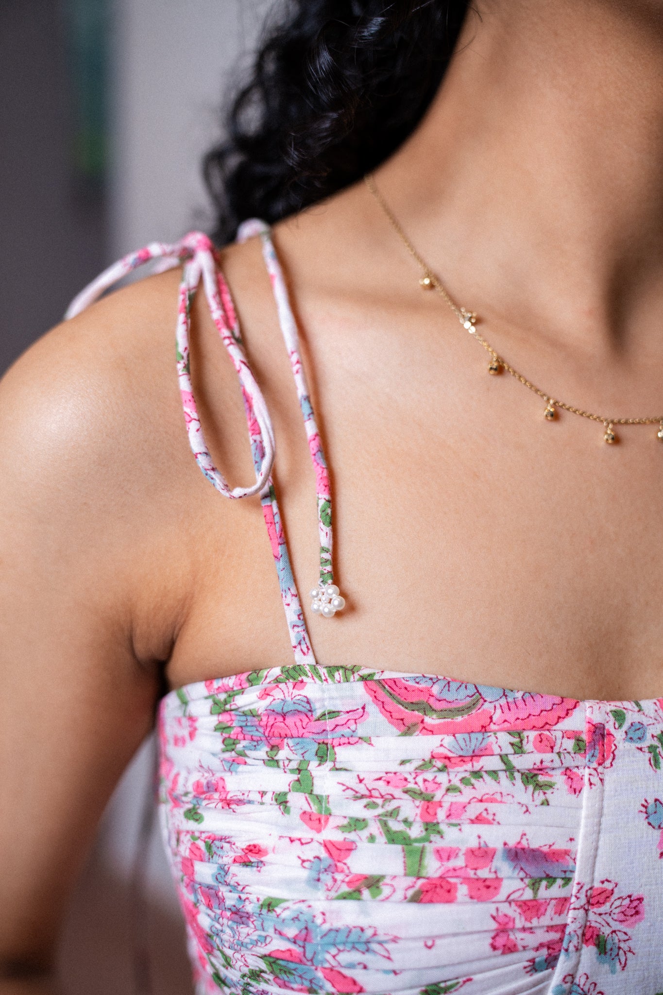 White and Pink Floral Maxi Dress With Pocket