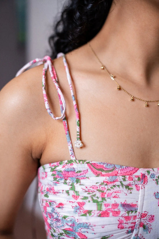 White and Pink Floral Maxi Dress With Pocket and Back Smocking AMARAA