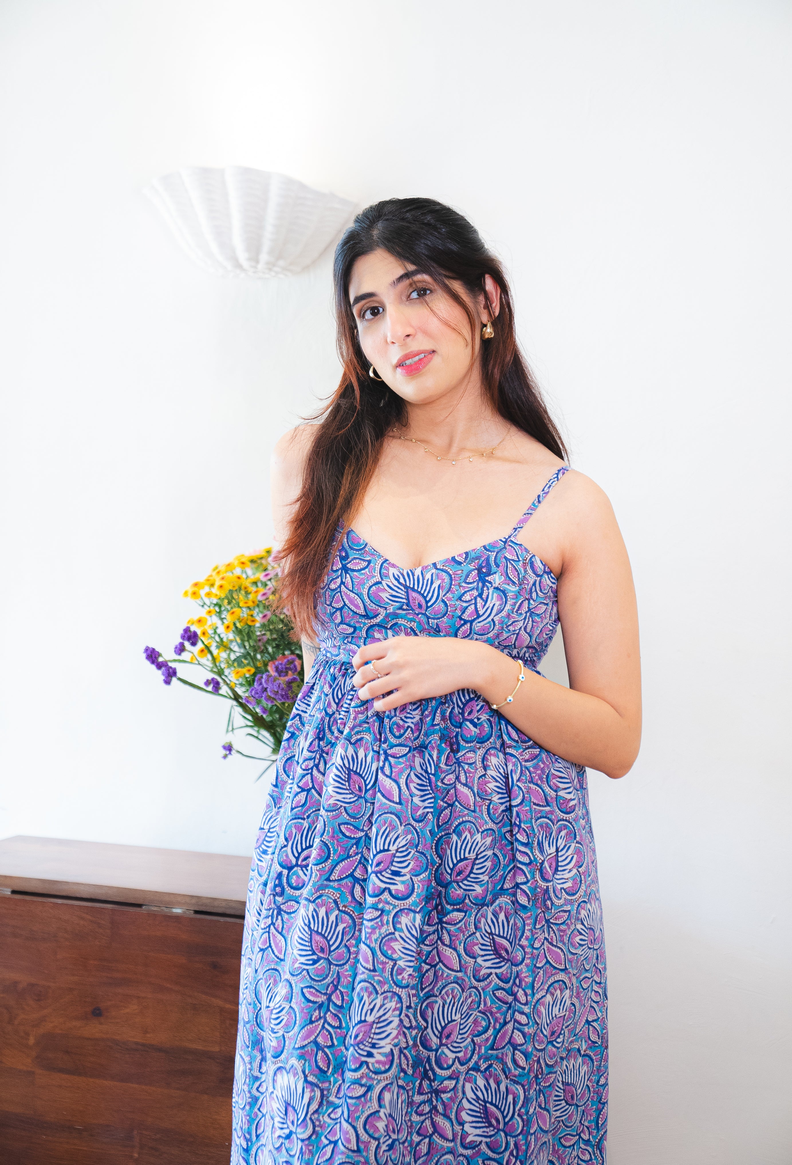 Blue & Purple Floral Cotton Maxi Dress with a Pocket