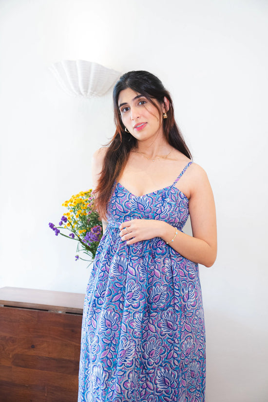Blue & Purple Floral Cotton Maxi Dress with a Pocket with Adjustable Straps SpringSummer'24