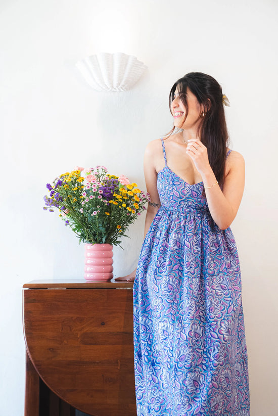 Blue & Purple Floral Cotton Maxi Dress with a Pocket with Adjustable Straps SpringSummer'24