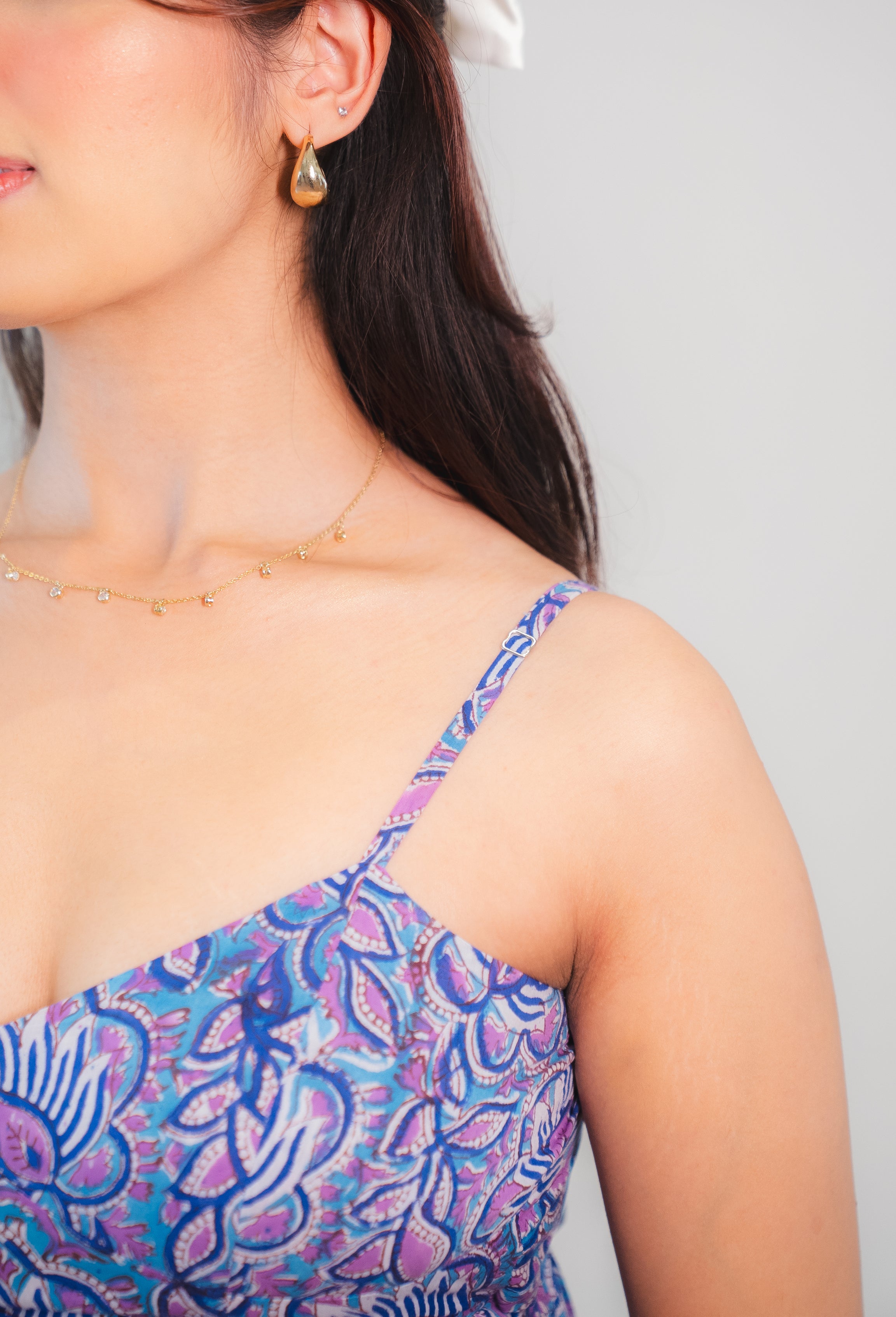 Blue & Purple Floral Cotton Maxi Dress with a Pocket