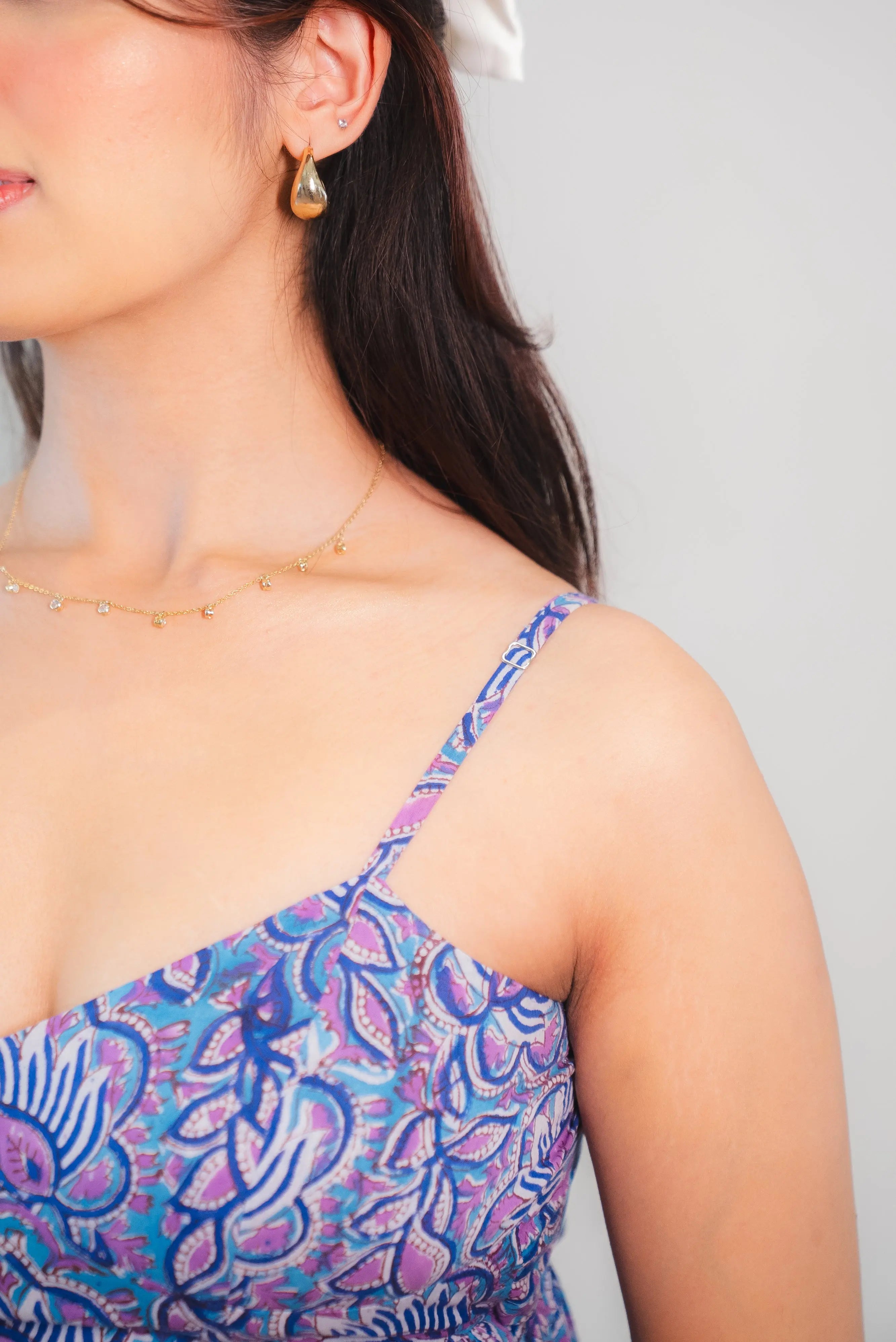 Blue & Purple Floral Cotton Maxi Dress with a Pocket with Adjustable Straps SpringSummer'24