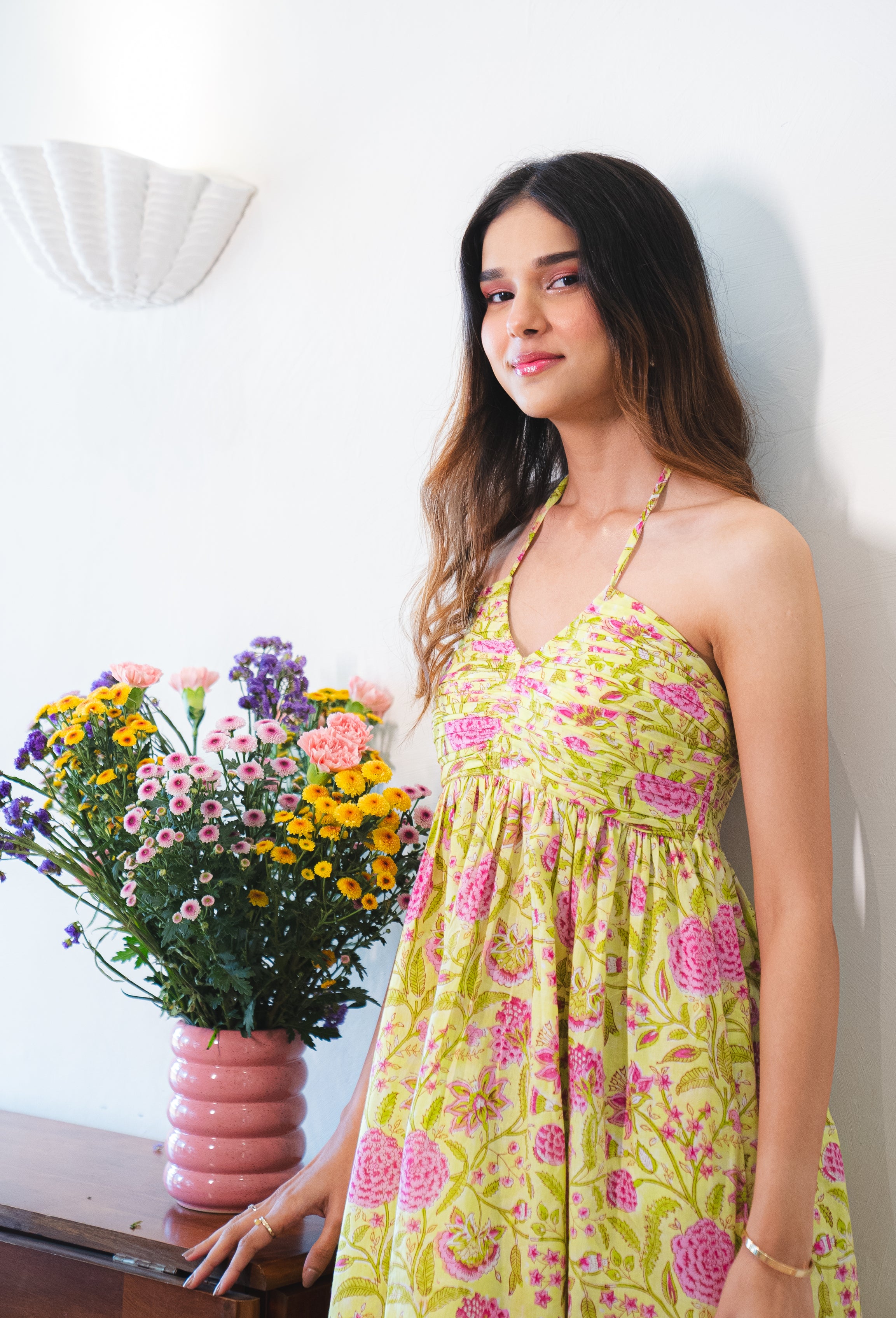 Lime Green with Pink Floral Cotton Halter Maxi Dress with Pocket
