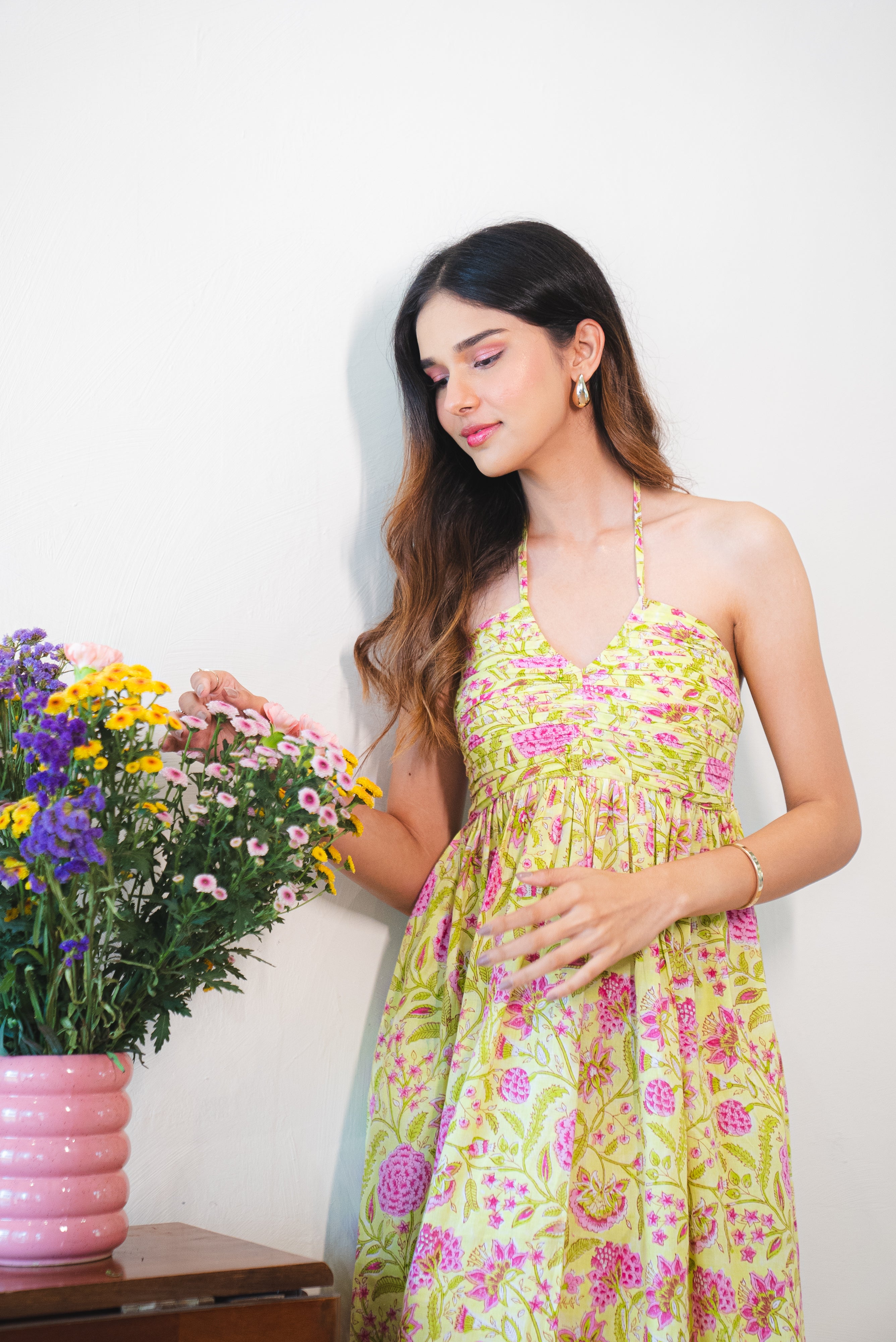 Lime Green with Pink Floral Cotton Halter Maxi Dress with Pocket AMARAA