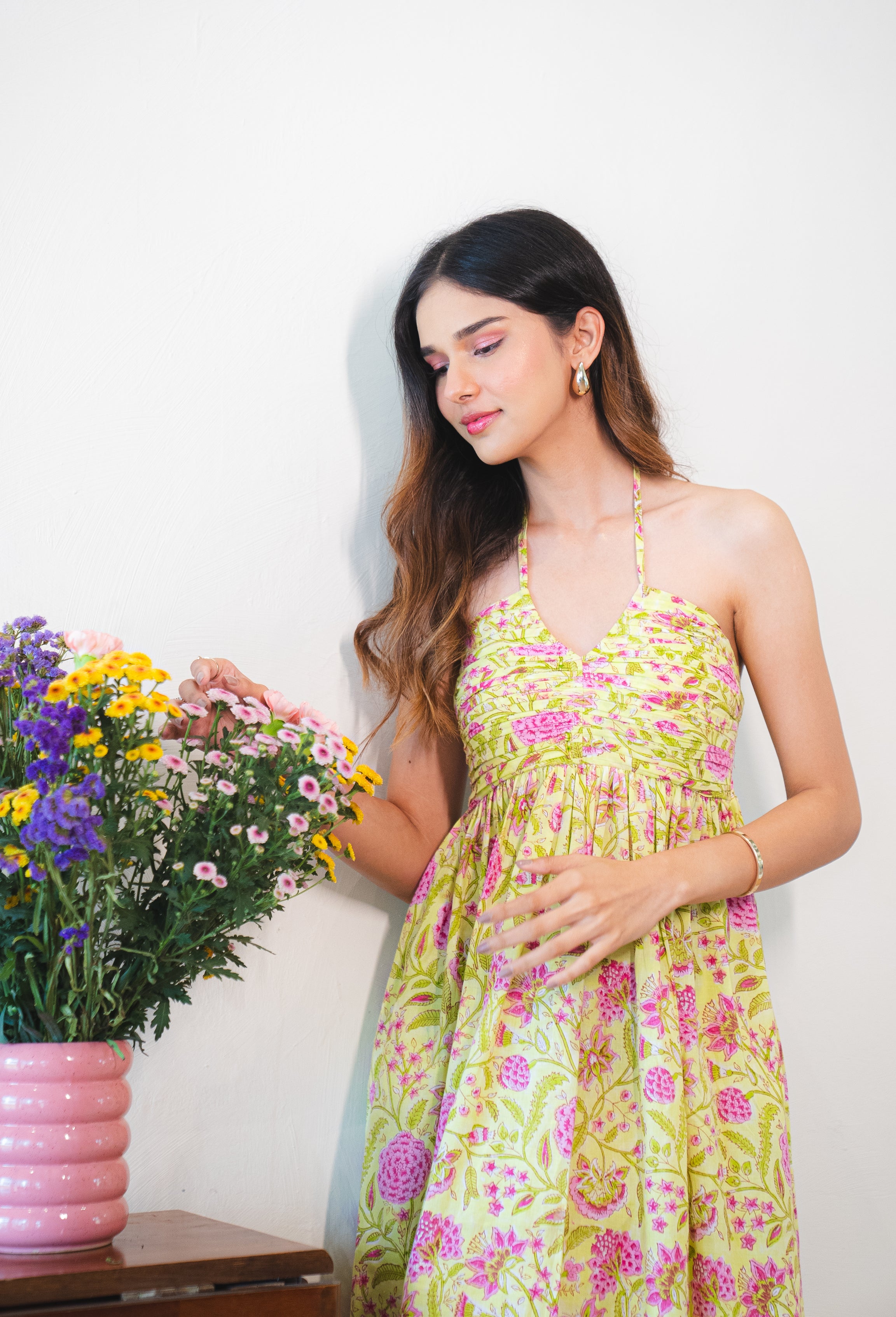 Lime Green with Pink Floral Cotton Halter Maxi Dress with Pocket