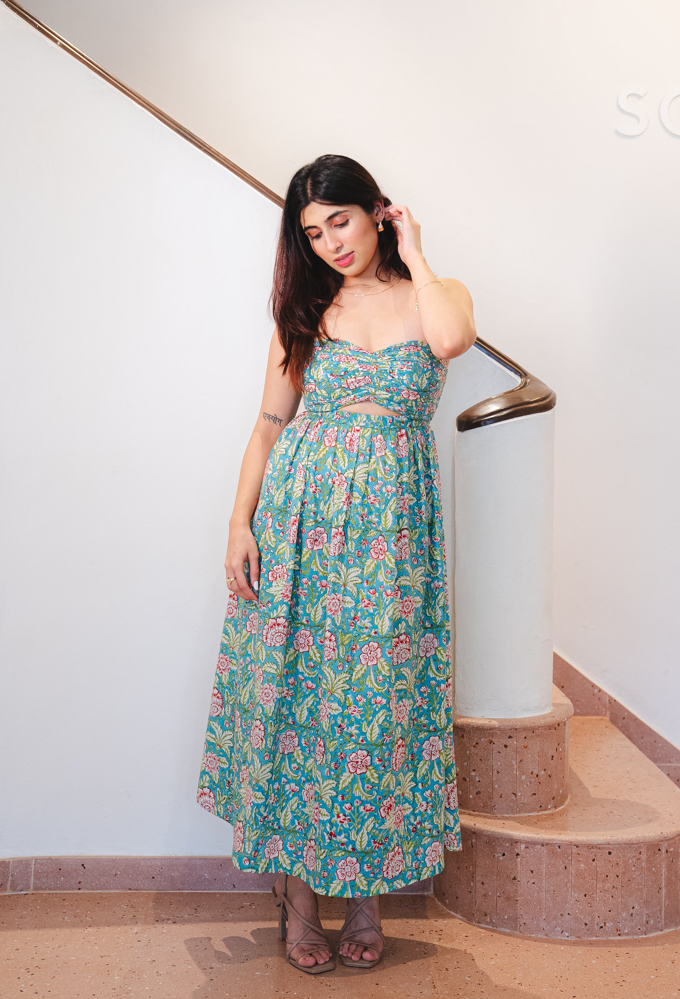 Green Tropical Floral Print Cotton Tube Dress with Pocket