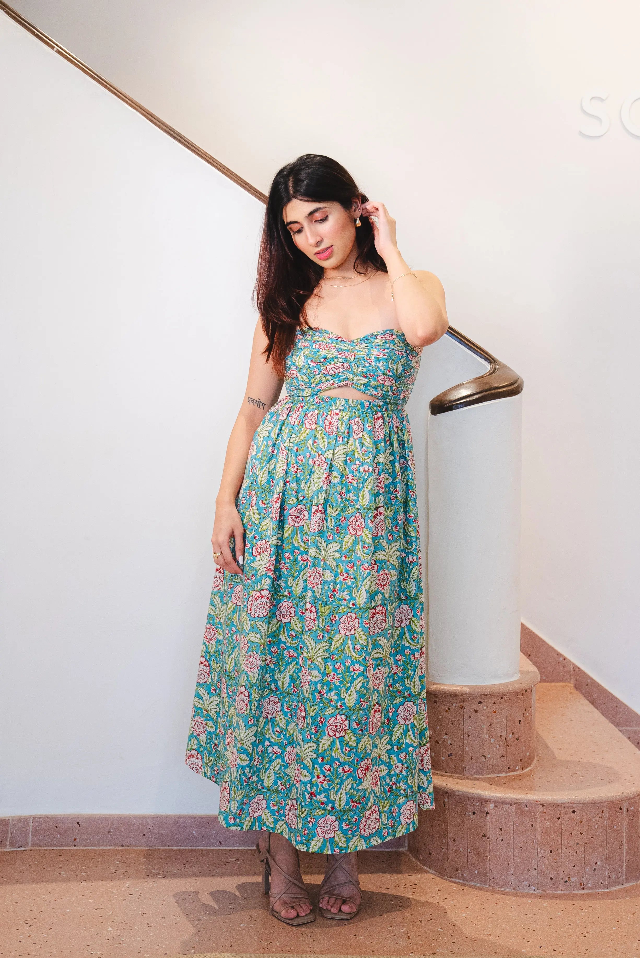 Green Tropical Floral Print Cotton Tube Maxi Dress with Pocket SpringSummer'24