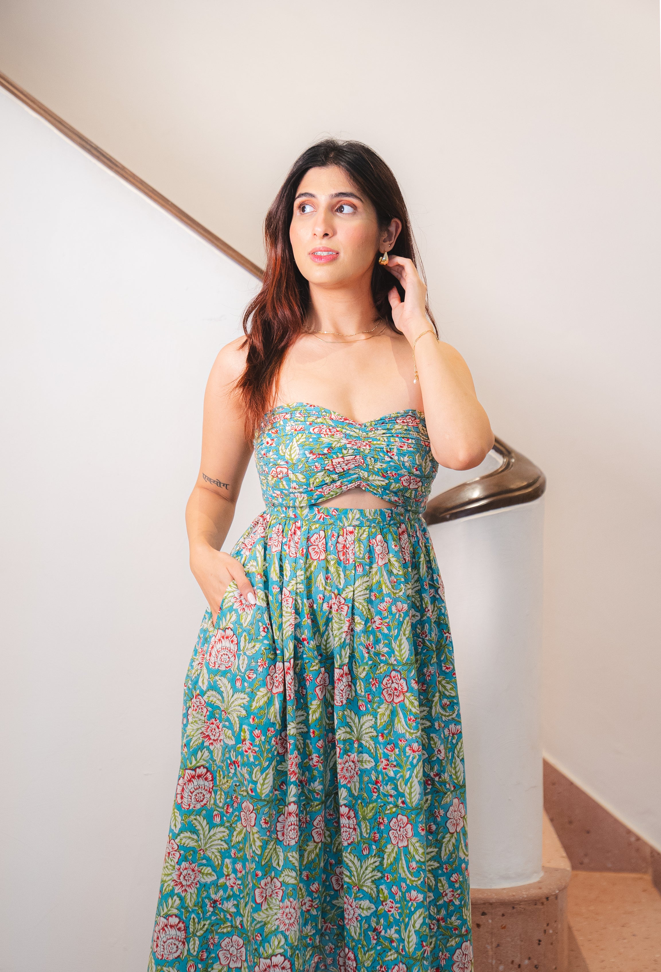 Green Tropical Floral Print Cotton Tube Dress with Pocket