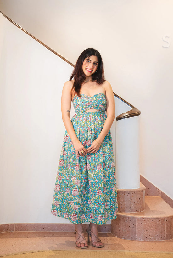 Green Tropical Floral Print Cotton Tube Maxi Dress with Pocket SpringSummer'24