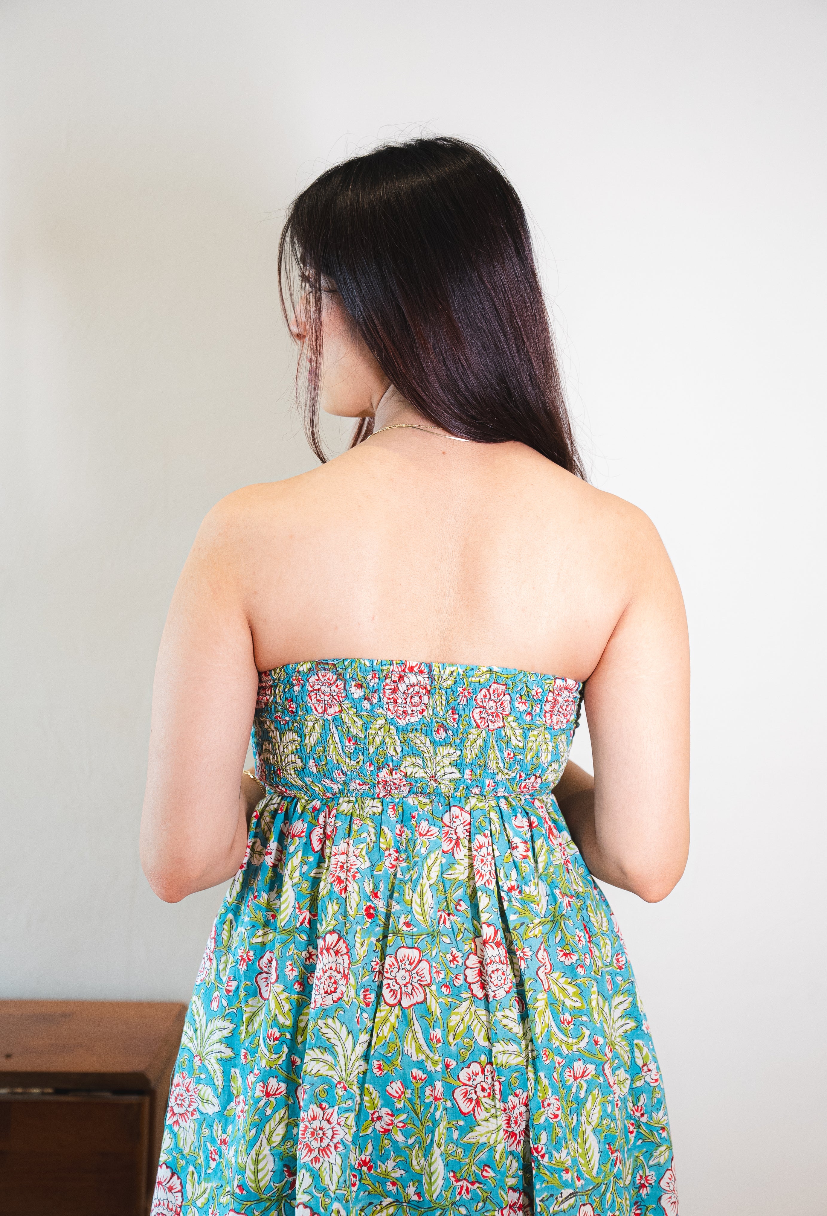 Green Tropical Floral Print Cotton Tube Dress with Pocket