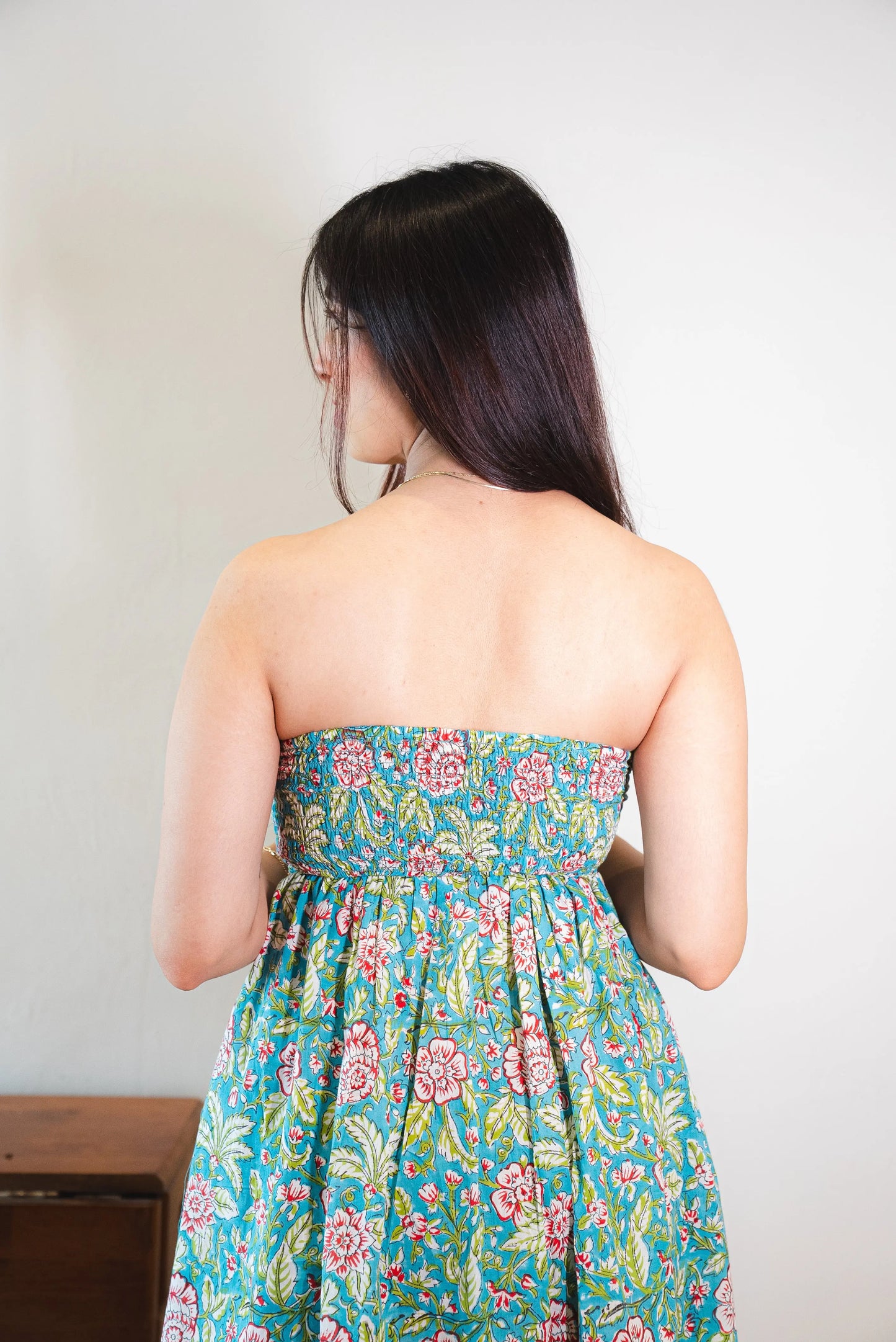 Green Tropical Floral Print Cotton Tube Maxi Dress with Pocket SpringSummer'24