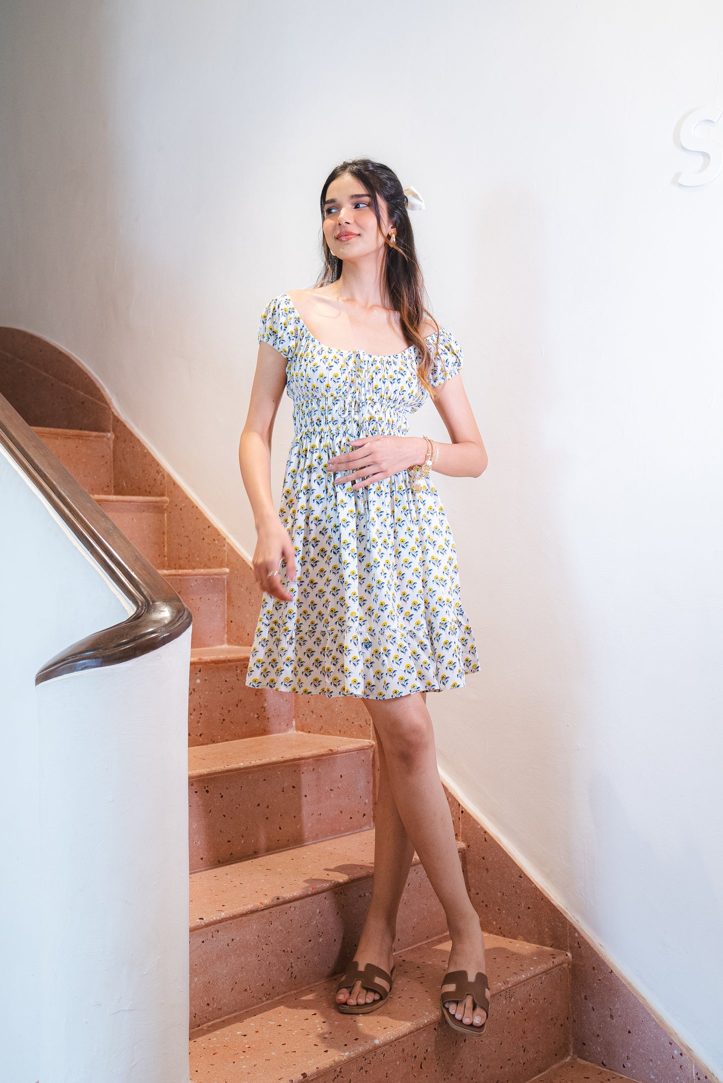 White and Yellow Floral Flowy Dress AMARAA