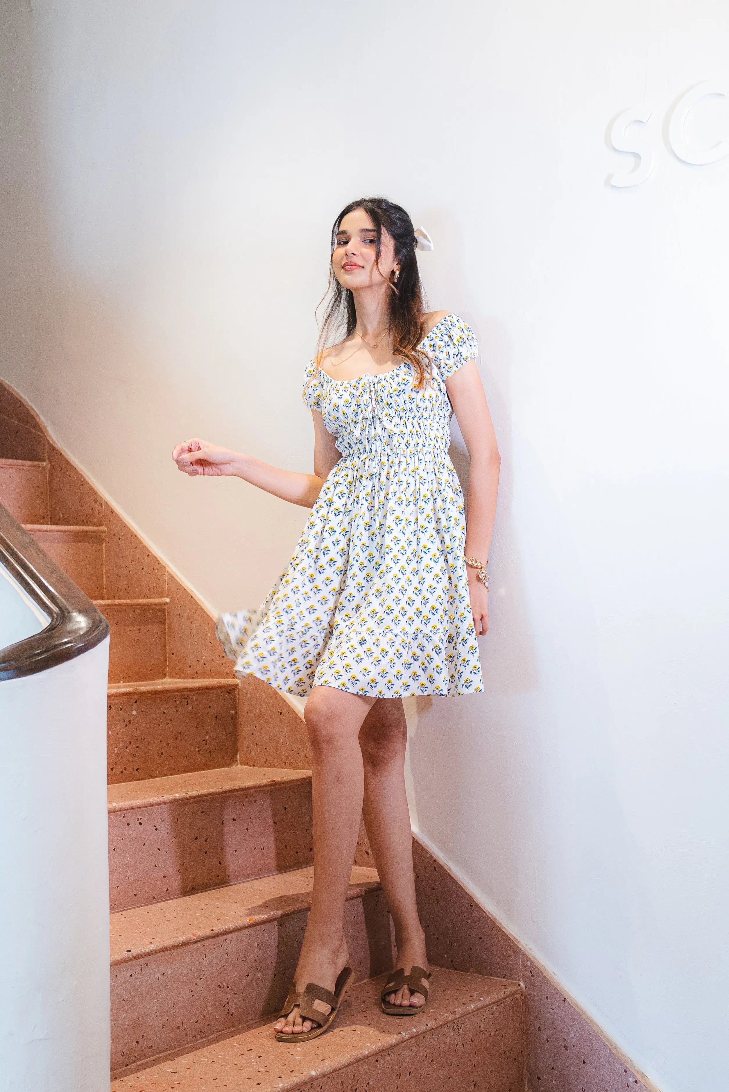White and Yellow Floral Flowy Short Dress - AMARAA White and Yellow Floral Flowy Short Dress - AMARAA