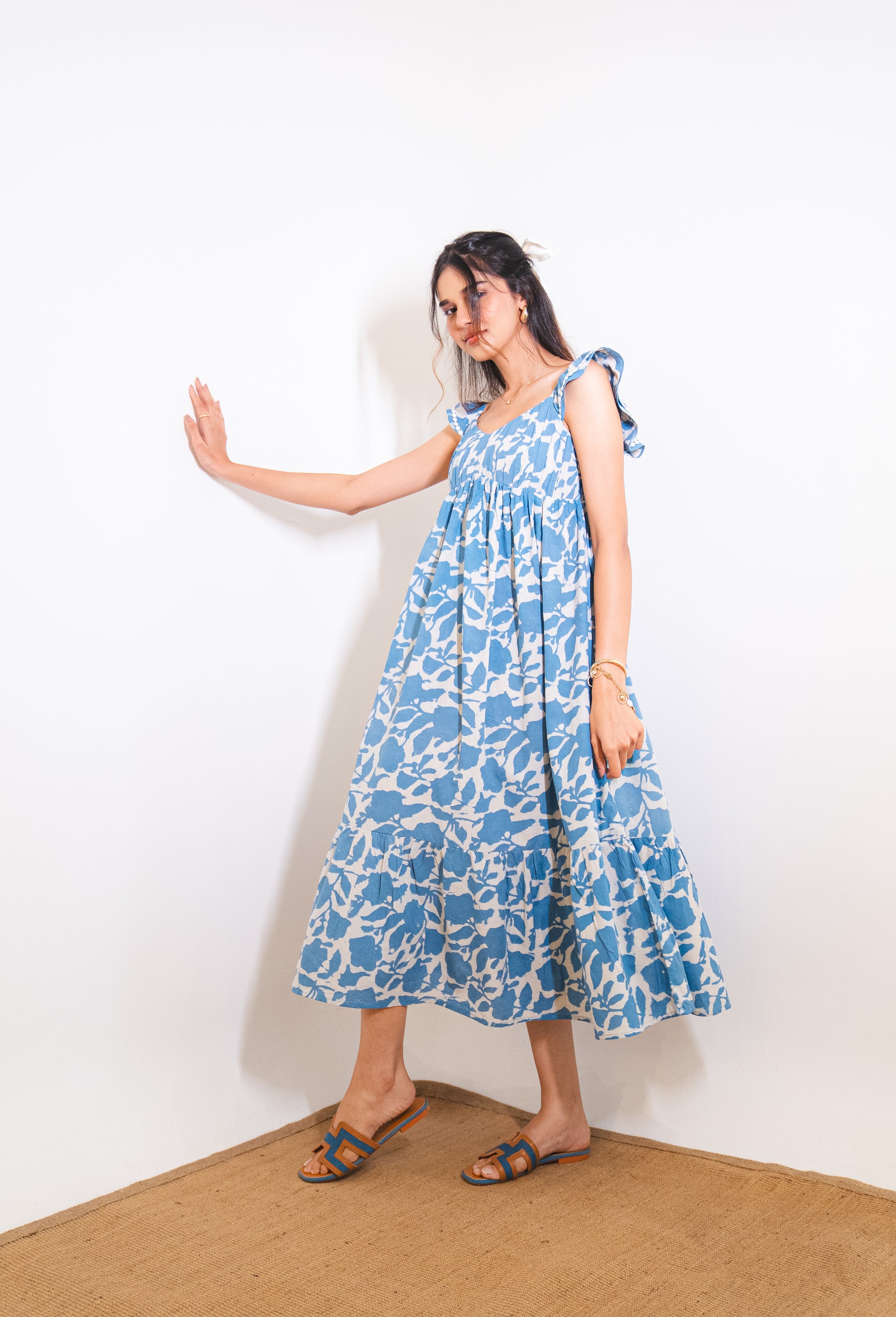 Powder Blue Floral Hand-Block Printed Cotton Maxi Dress with Pocket