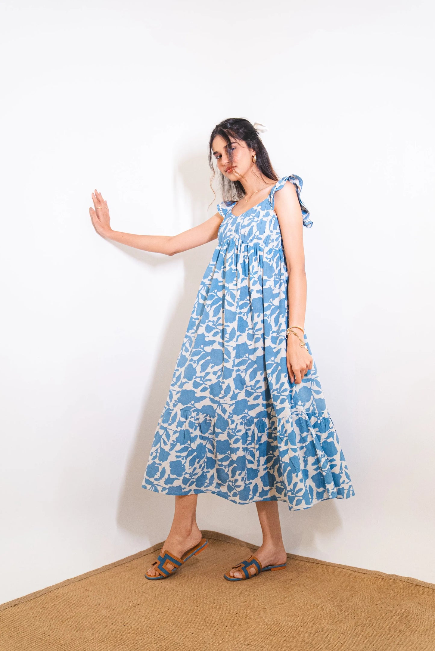 Powder Blue Floral Hand-Block Printed Cotton Maxi Dress with Pocket SpringSummer'24