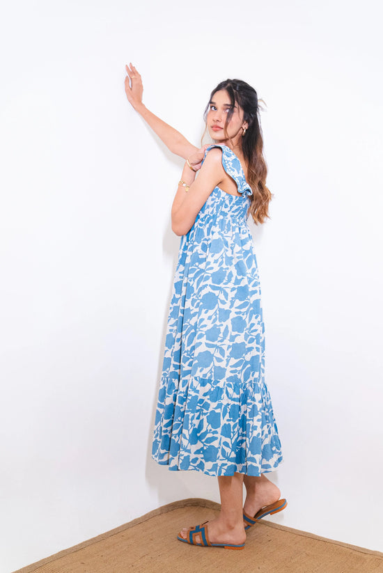 Powder Blue Floral Hand-Block Printed Cotton Maxi Dress with Pocket SpringSummer'24