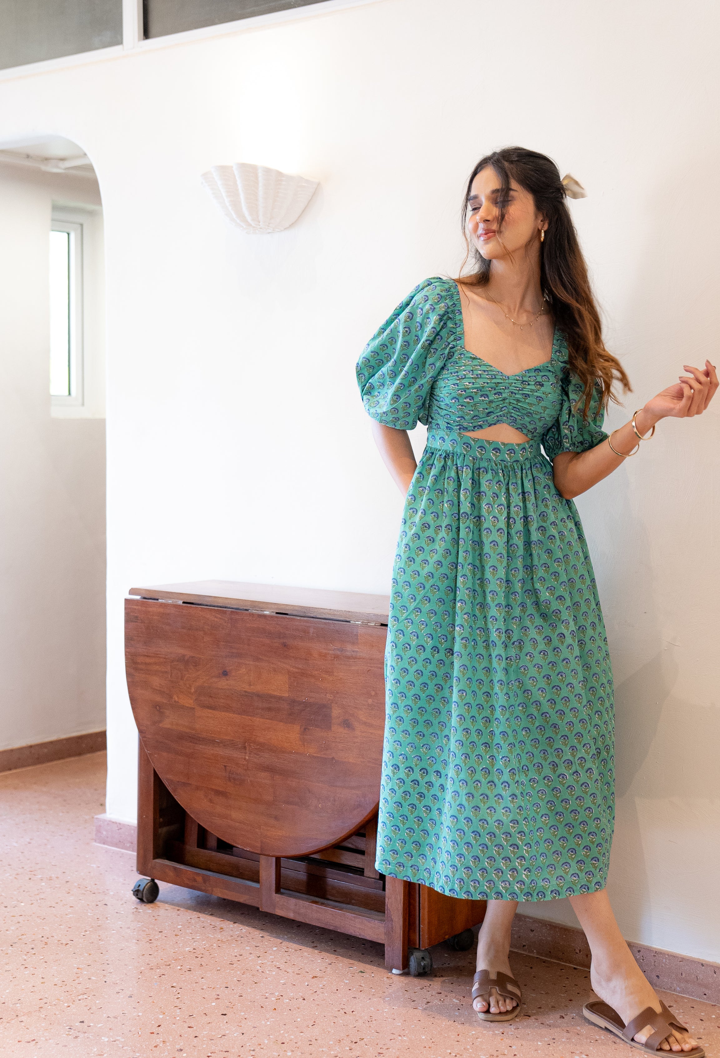 Green and Blue Floral Maxi Dress in Cotton with Sleeves with Pocket