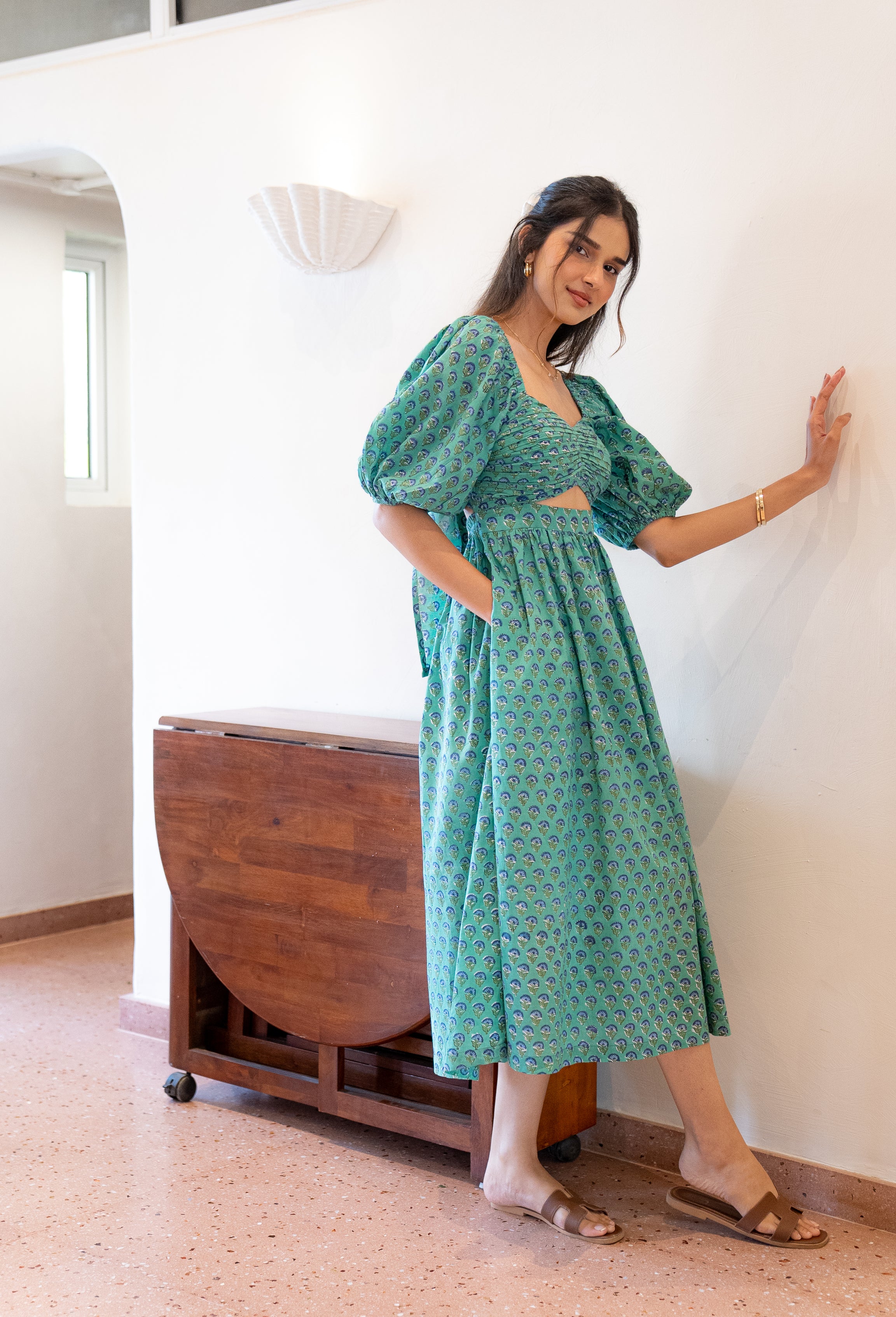 Green and Blue Floral Maxi Dress in Cotton with Sleeves with Pocket