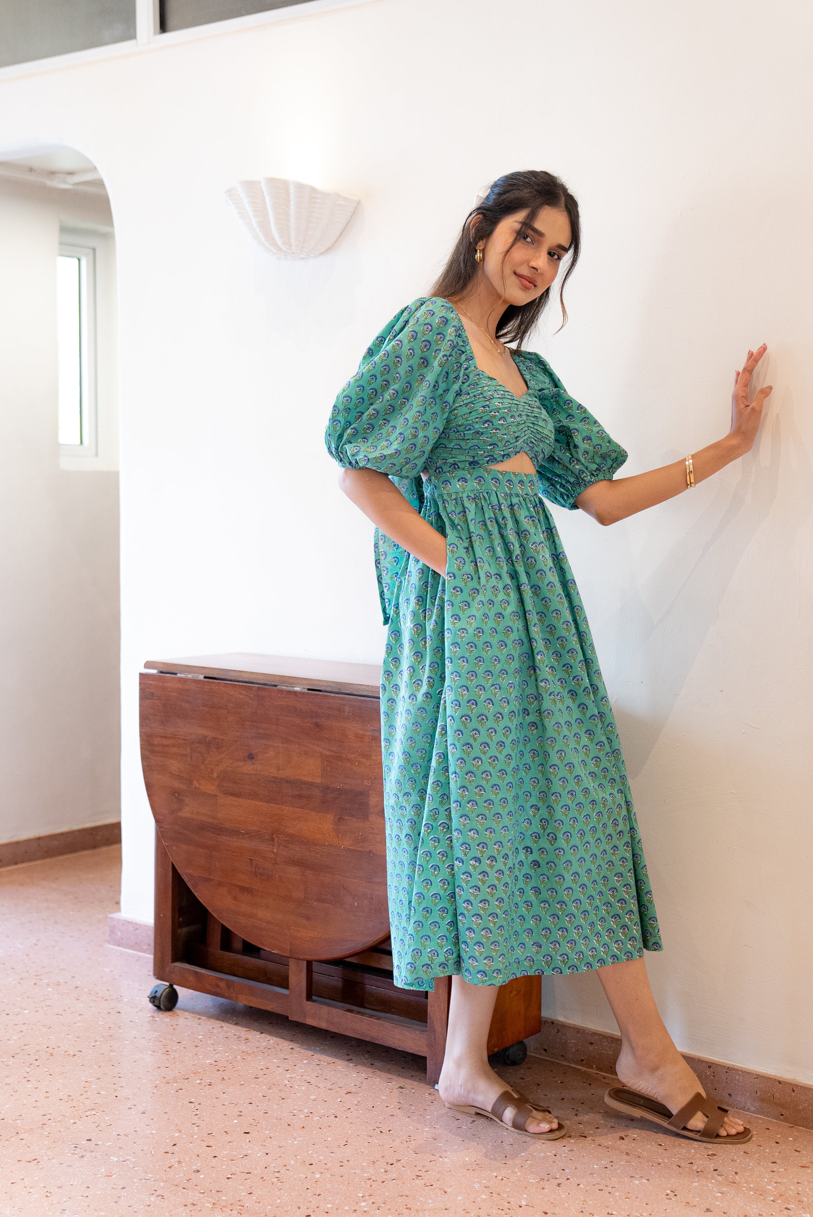 Green and Blue Floral Maxi Dress in Cotton with Sleeves with Pocket