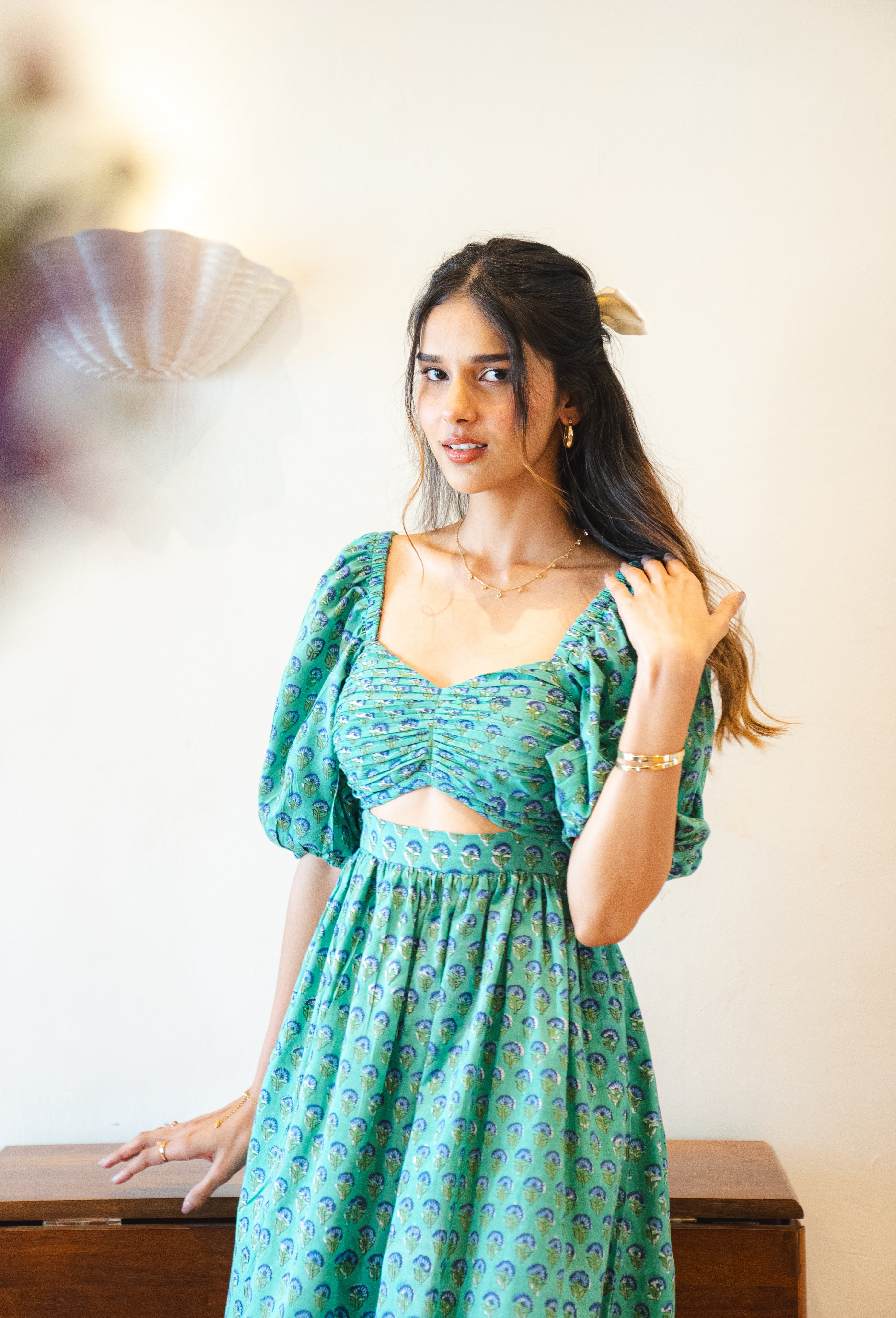 Green and Blue Floral Maxi Dress in Cotton with Sleeves with Pocket