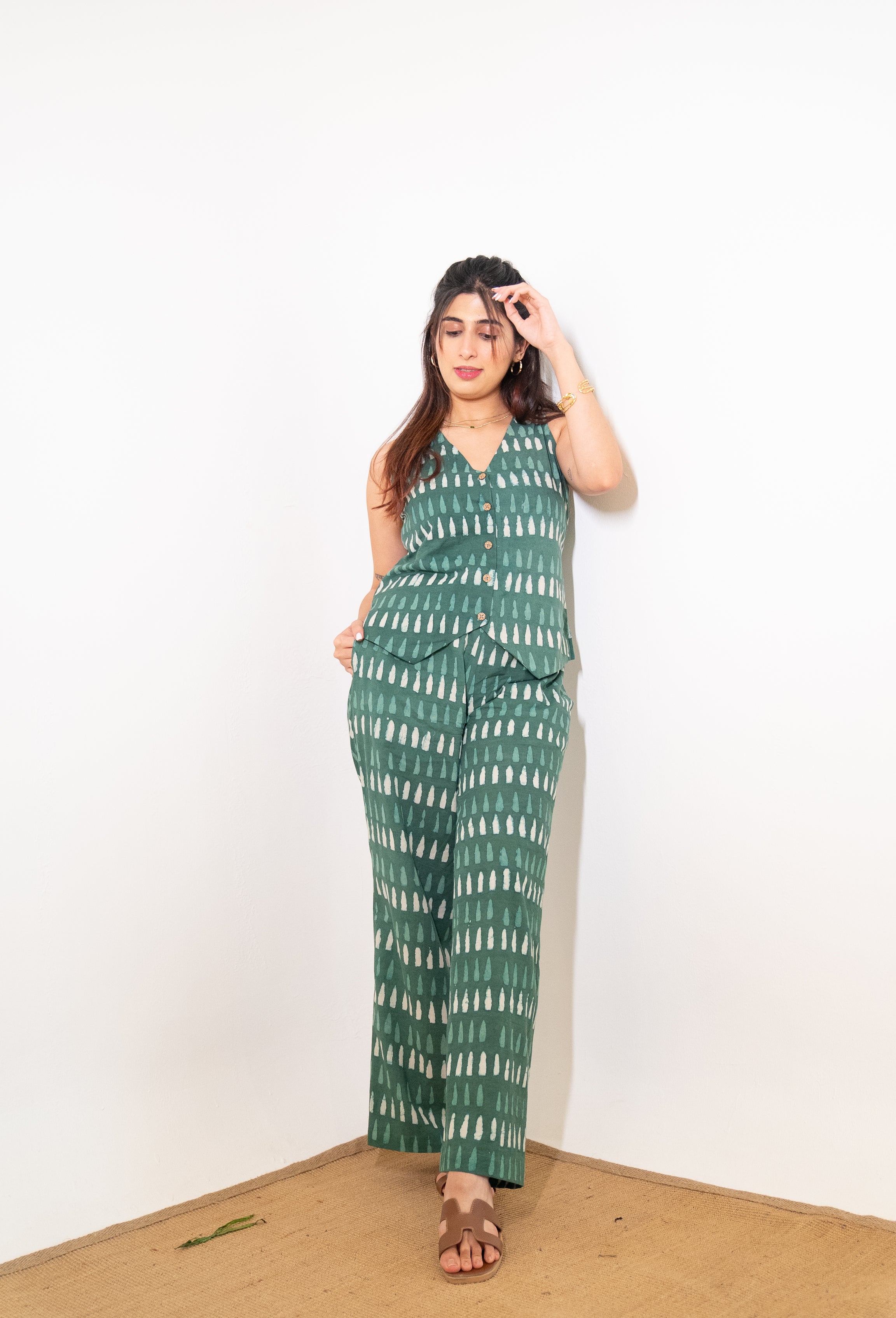 Green Vest and Pant Cotton Hand-Block Set