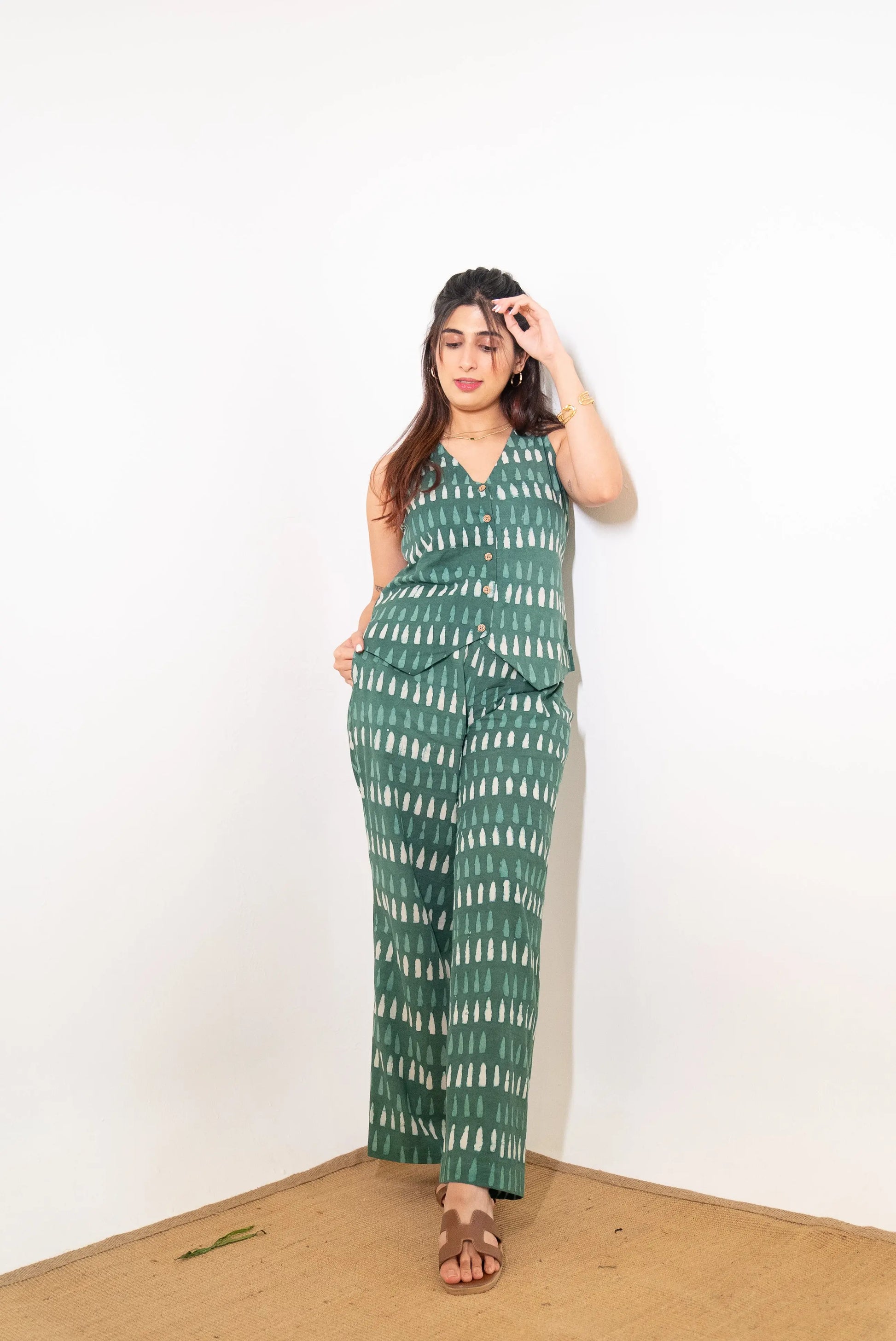 Green Vest and Pant Cotton Hand-Block Set SpringSummer'24