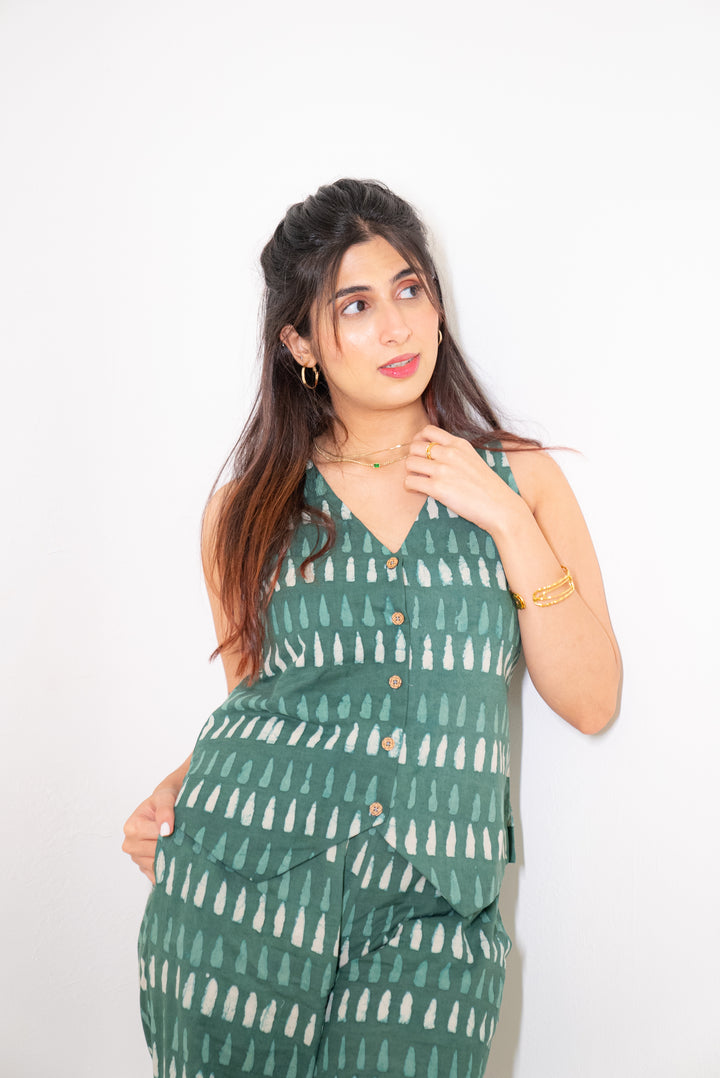 Green Vest and Pant Cotton Hand-Block Set SpringSummer'24