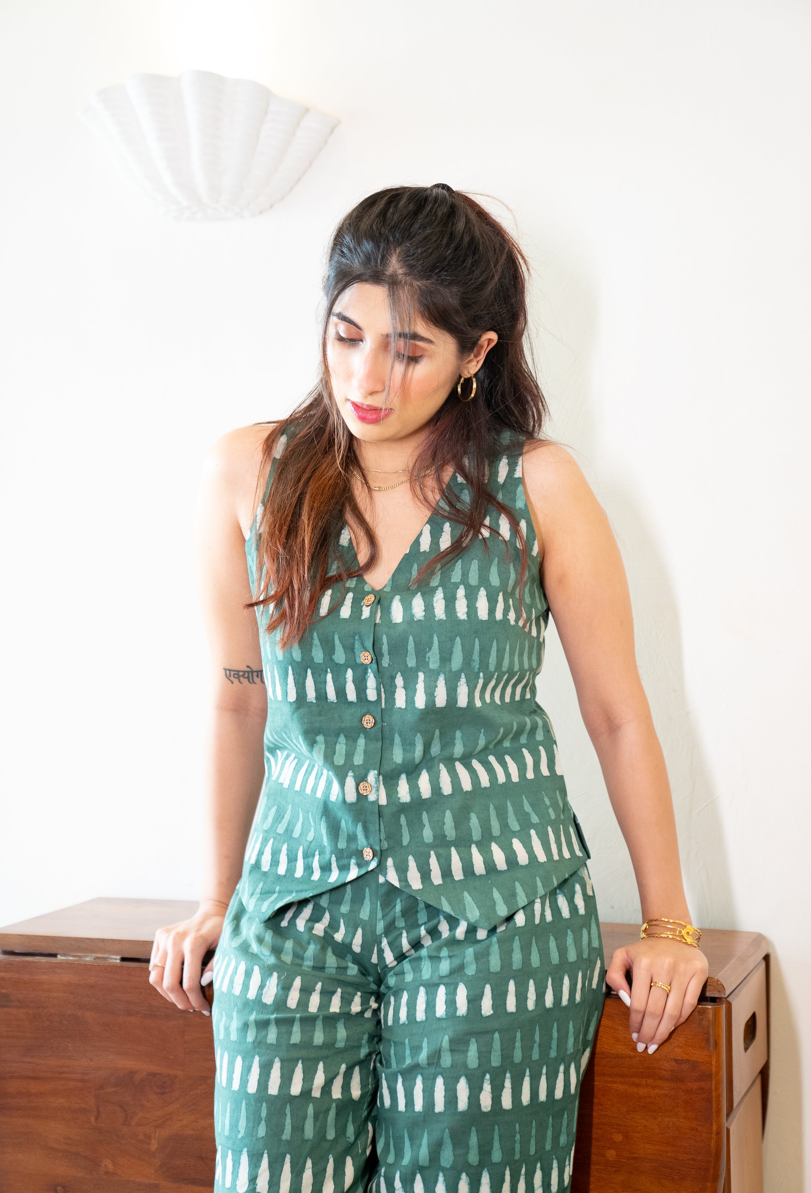 Green Vest and Pant Cotton Hand-Block Set