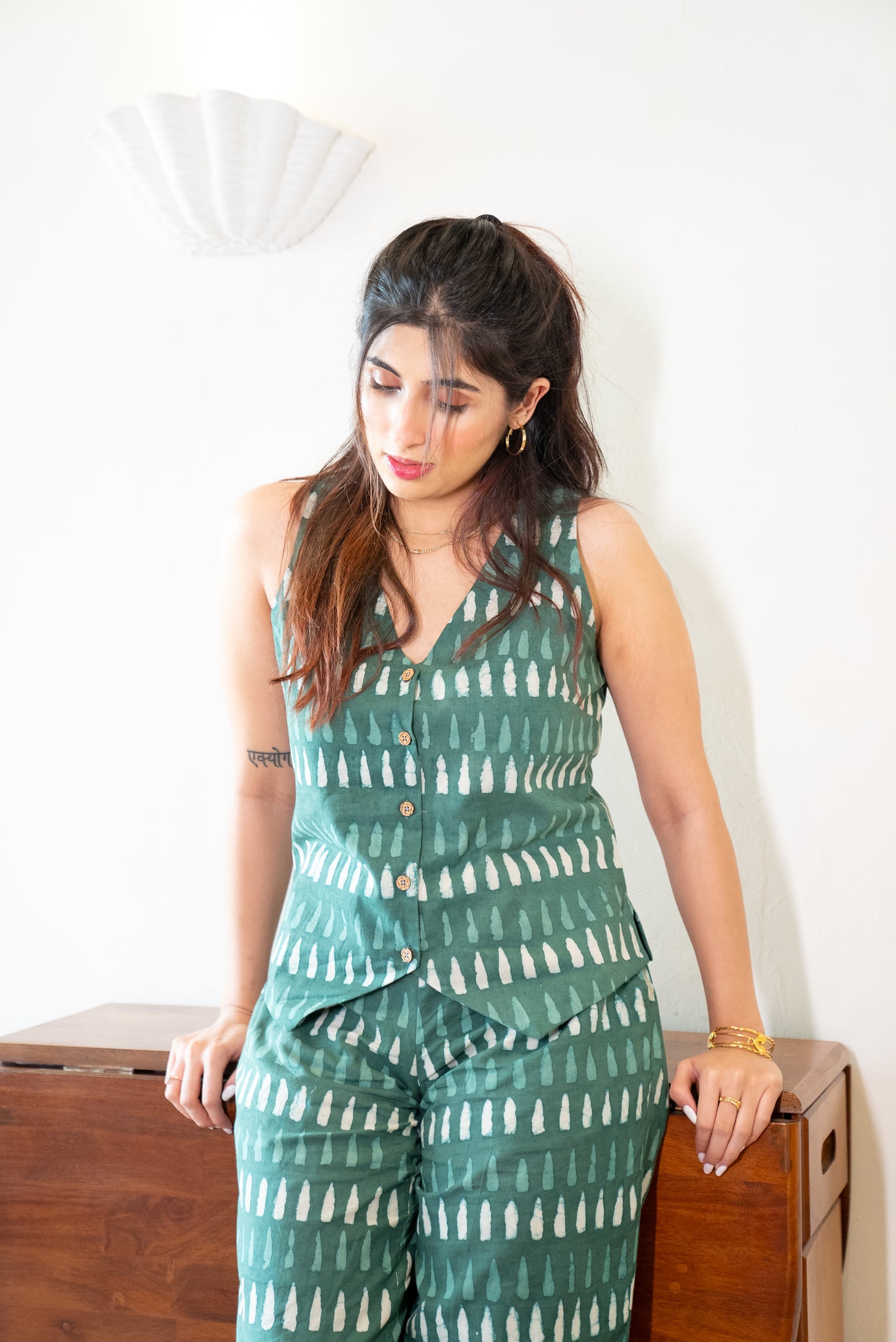 Green Vest and Pant Cotton Hand-Block Set SpringSummer'24