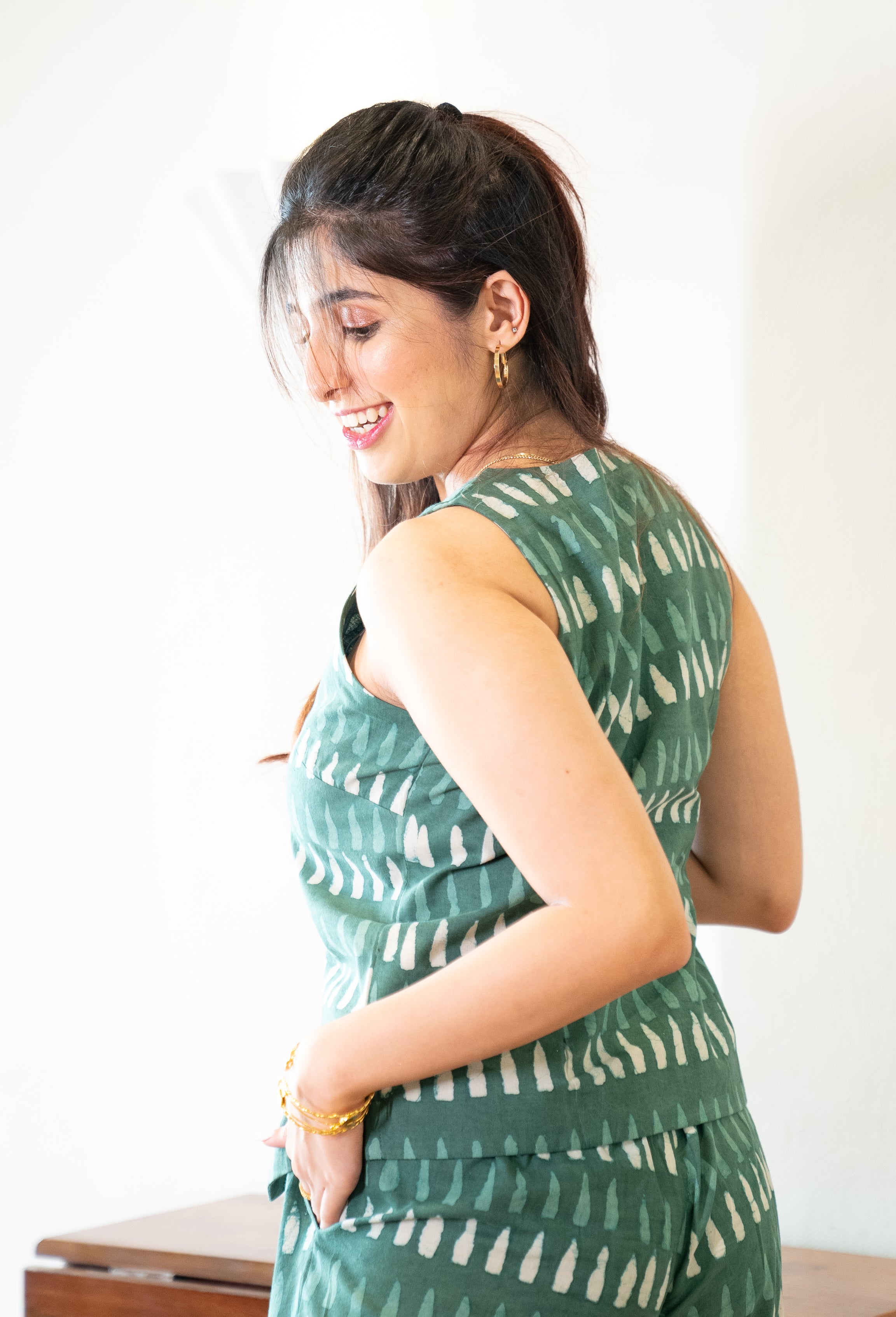 Green Vest and Pant Cotton Hand-Block Set