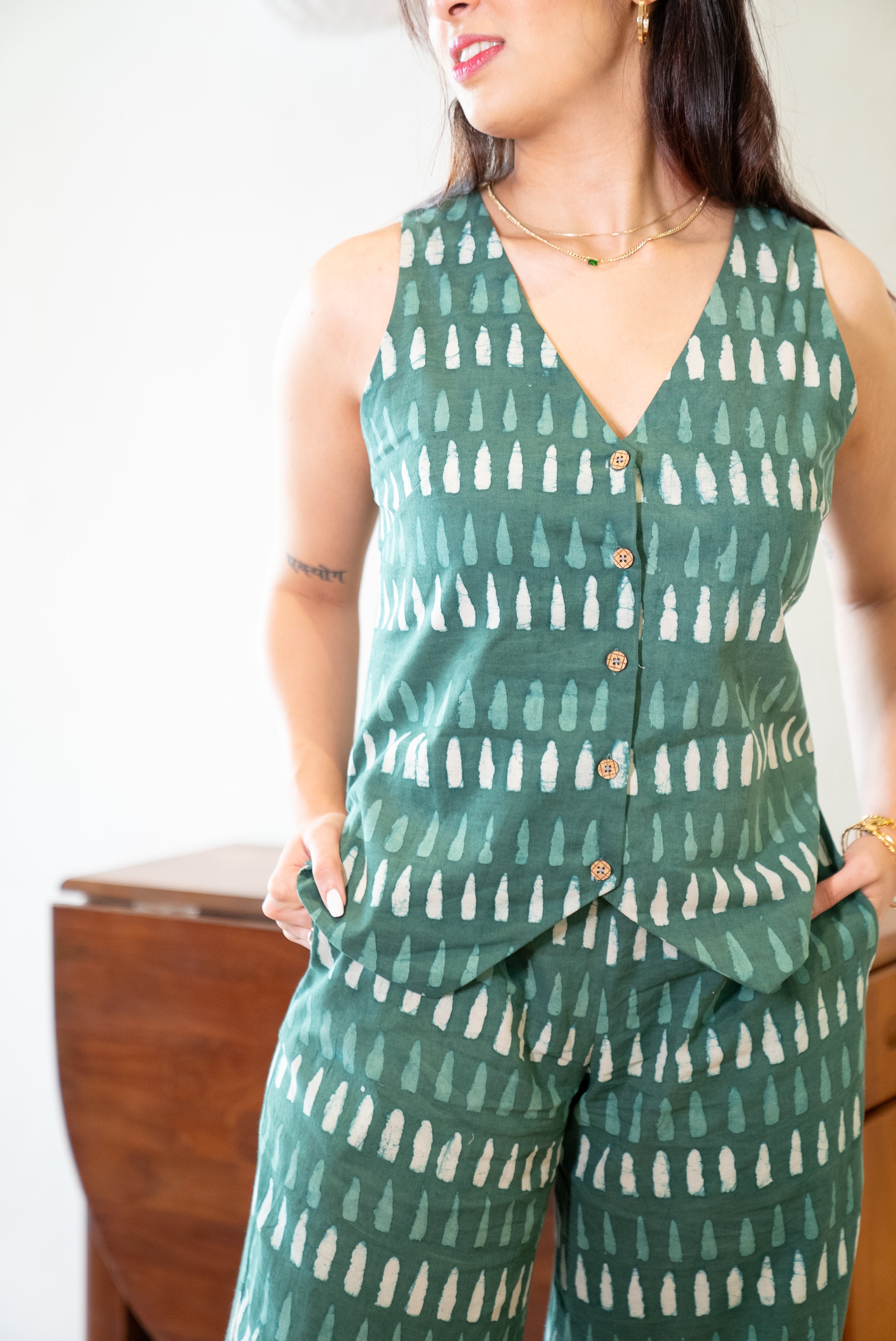 Green Vest and Pant Cotton Hand-Block Set SpringSummer'24