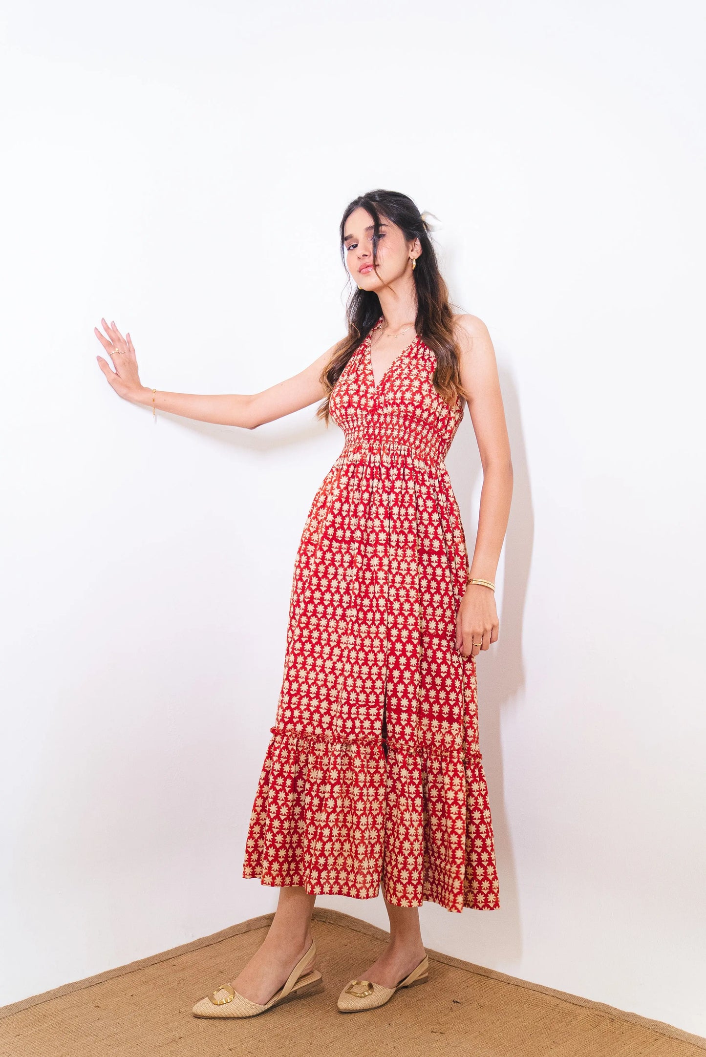 Maroon Red Floral Cotton Halter Maxi Sundress with Pocket SpringSummer'24