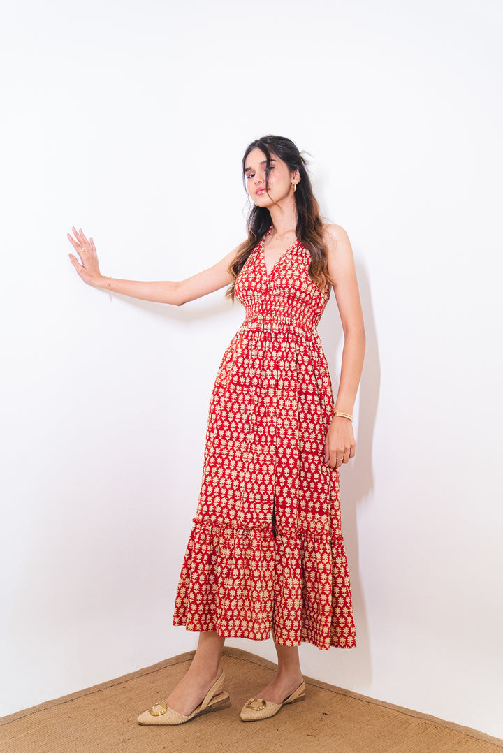 Maroon Floral Cotton Halter Sundress with Pocket SpringSummer'24