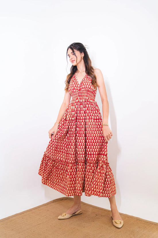 Maroon Red Floral Cotton Halter Maxi Sundress with Pocket SpringSummer'24